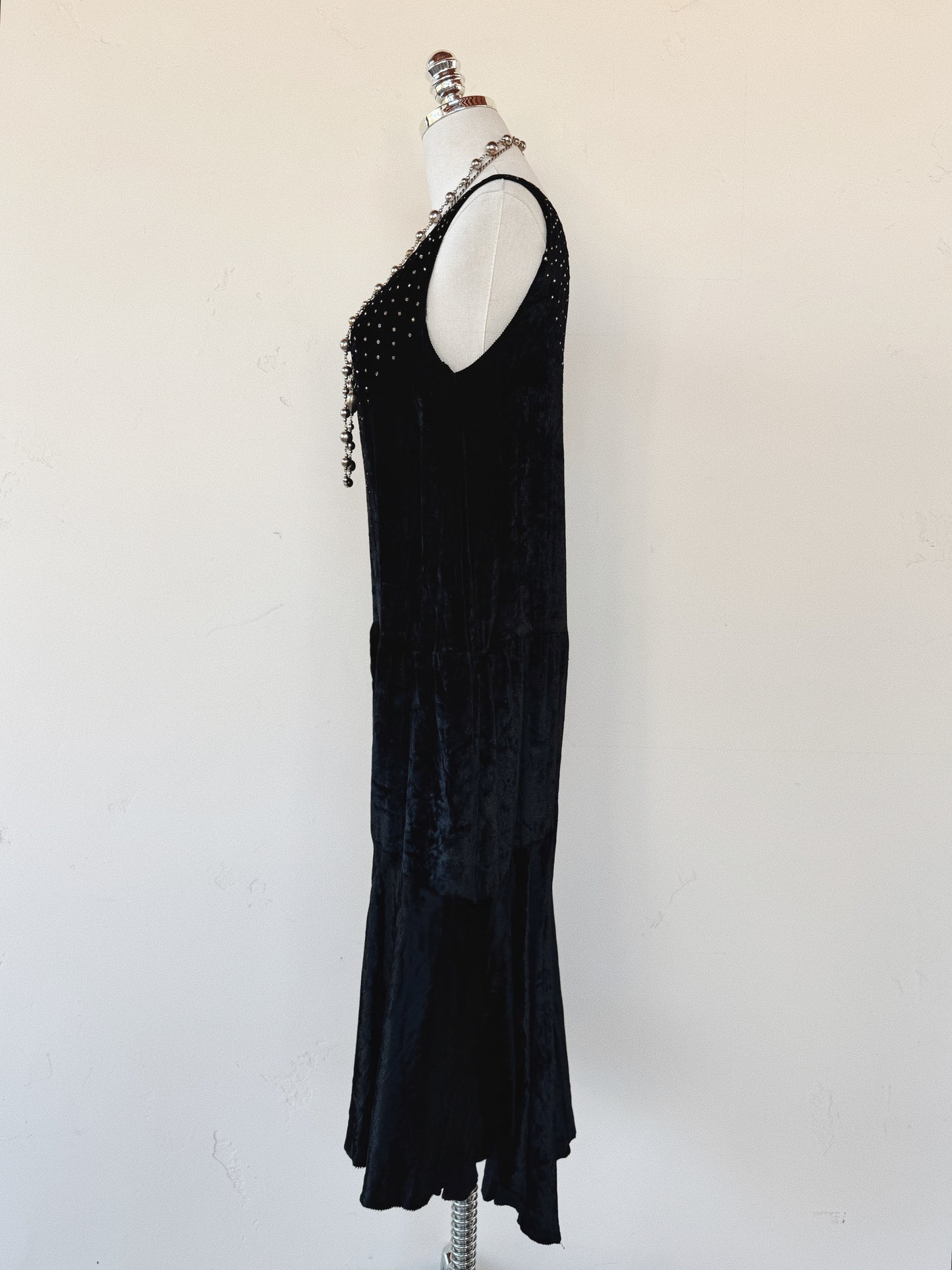 1920s Midnight Black Crushed Silk Velvet Diamenté Dress- S-S/M