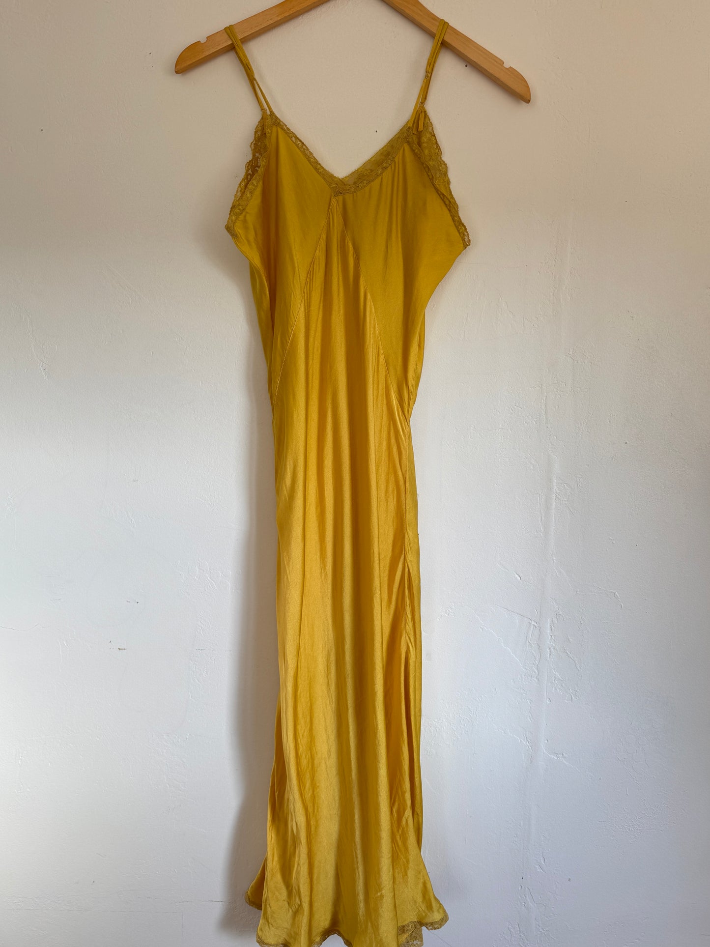 1940s Marigold Silk + Lace Spaghetti Strap Slip Dress- S/M-M