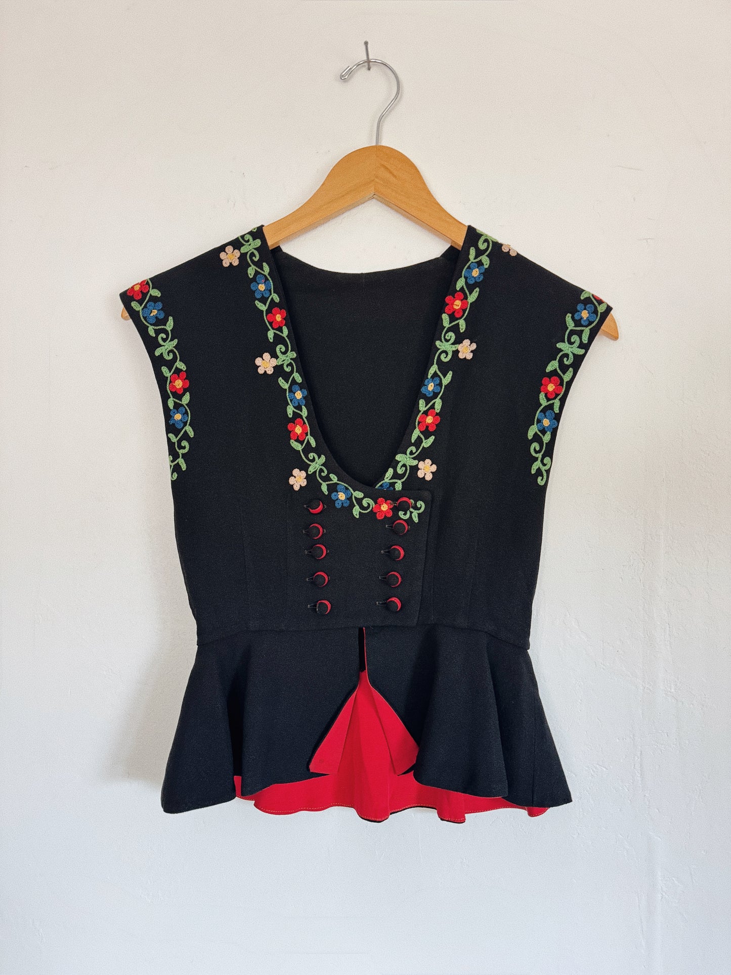 1940s Bavarian Floral Chain Stitched Peplum Top- XS