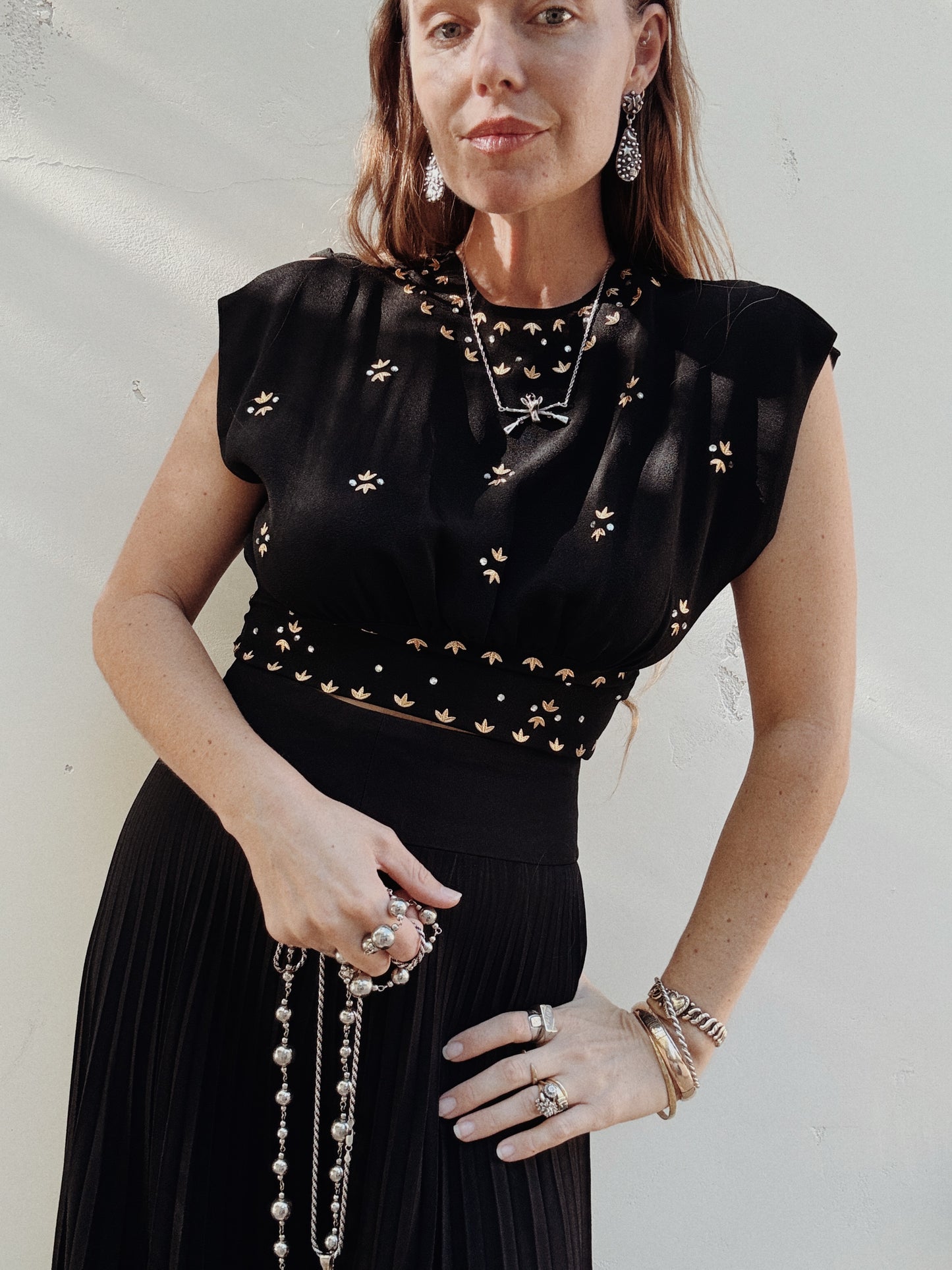 1930s Black Leaf Stud + Rhinestone Cropped Crepe Blouse- S/M