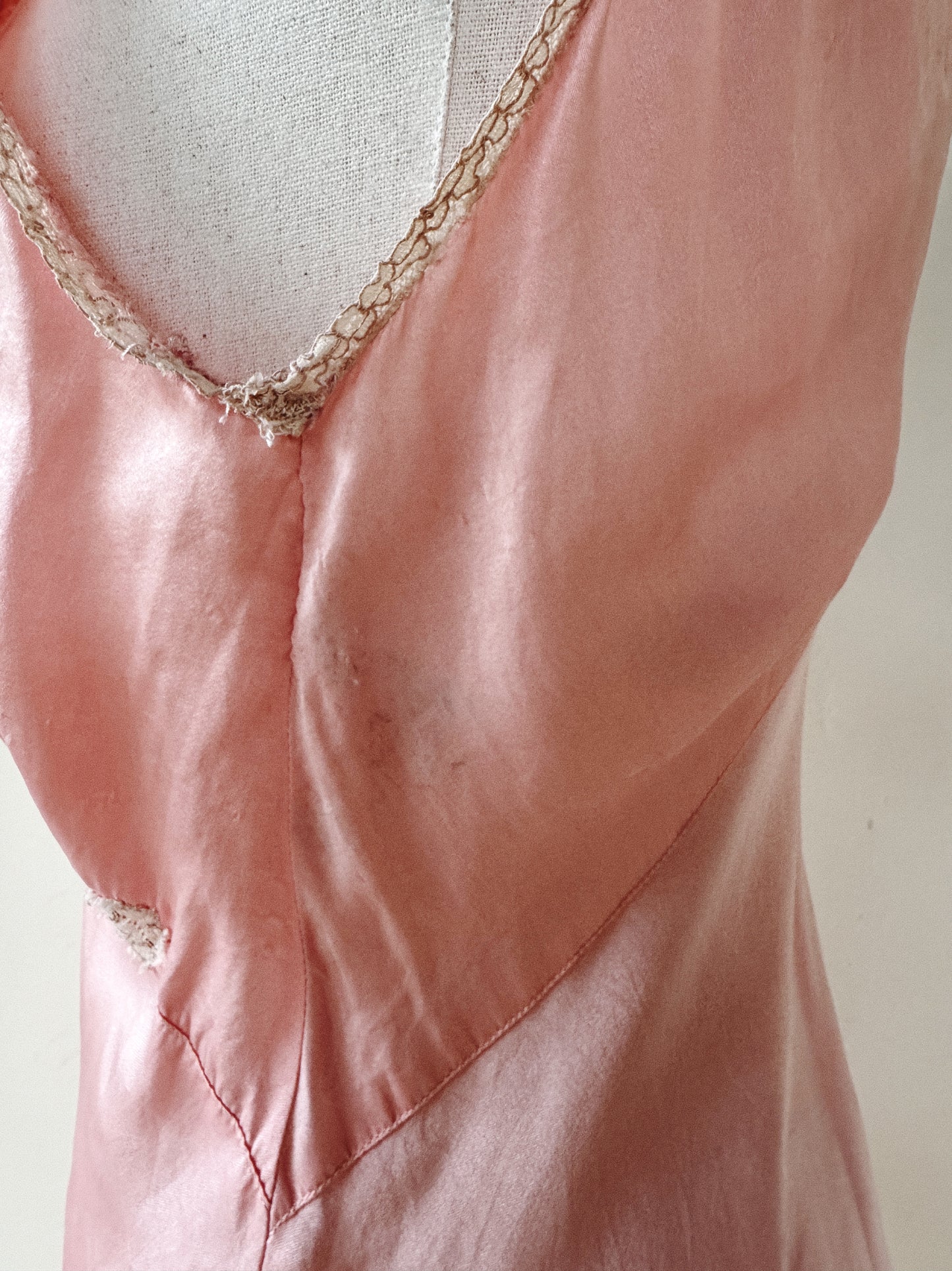 1930s/40s Pink Silk Asymmetrical Slip Dress w/ Lace- S-S/M