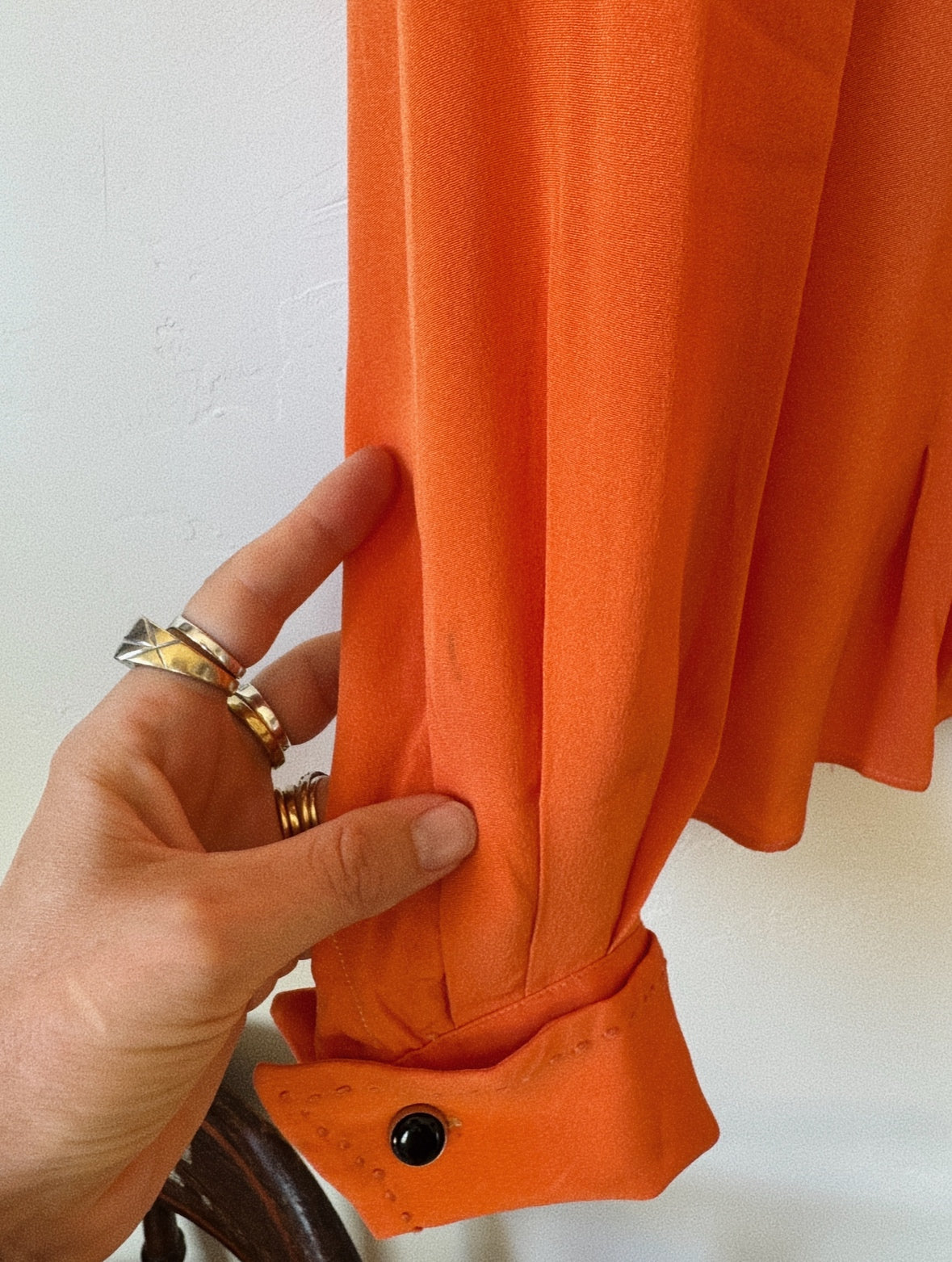 1940s Orange Sorbet Silk Crepe Blouse w/ Monochrome Stitching- S/M