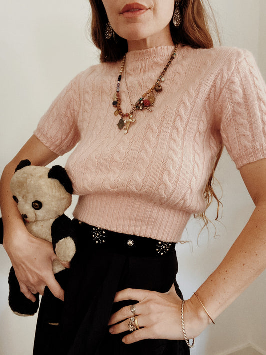 1940s Bubblegum Pink Catalina Cable Knit Cropped Sweater- S/M