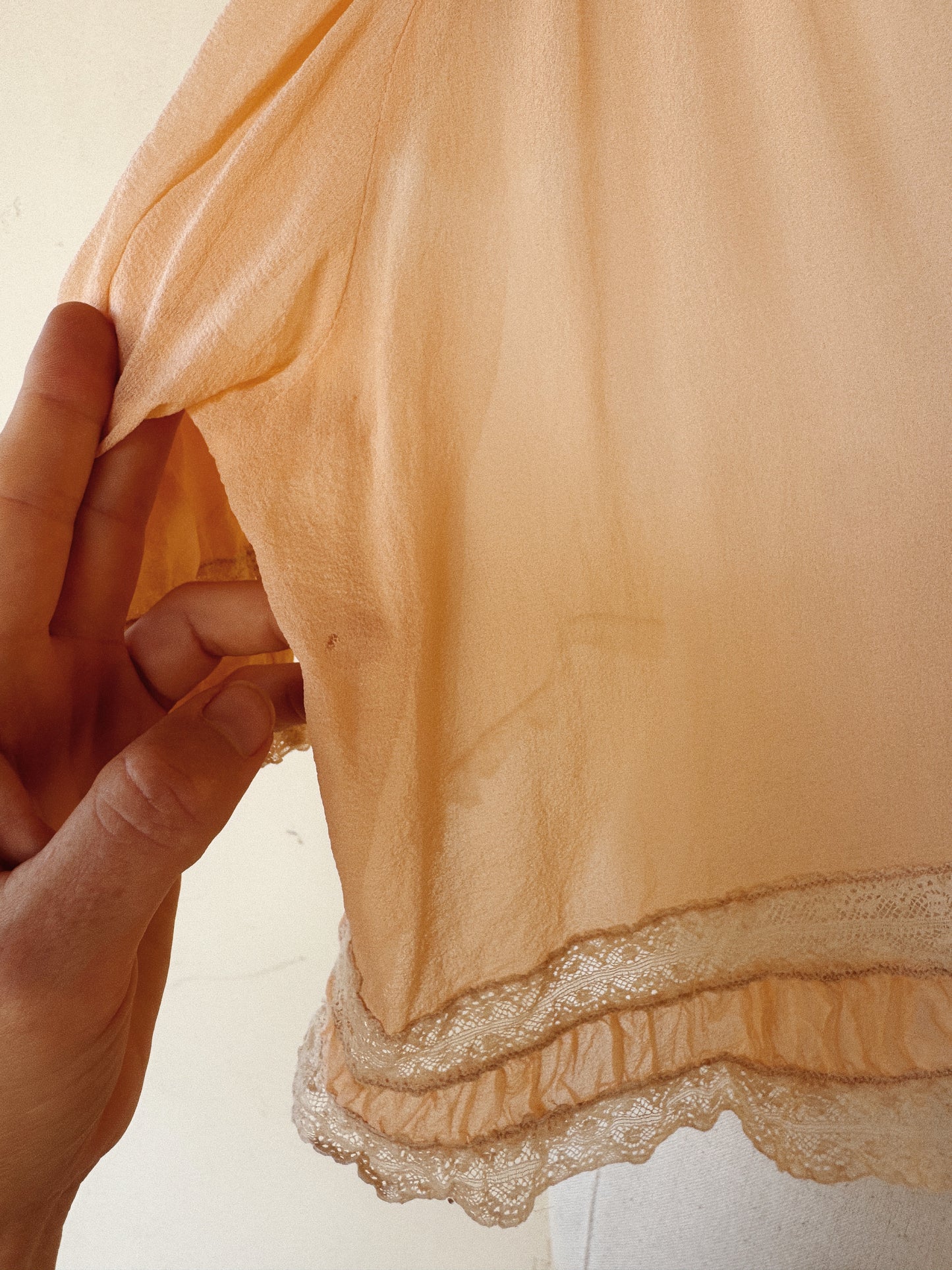 1930s Blossom Pink Silk Chiffon Bed Jacket w/ Lace Trim- S-M/L