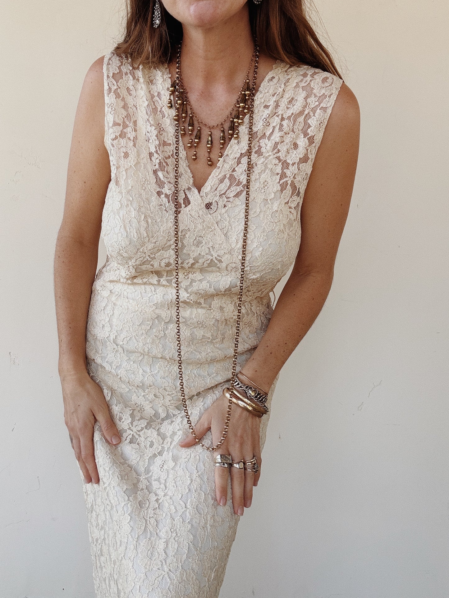 1930s Ivory Lace Gown w/ Rayon Under Slip- M