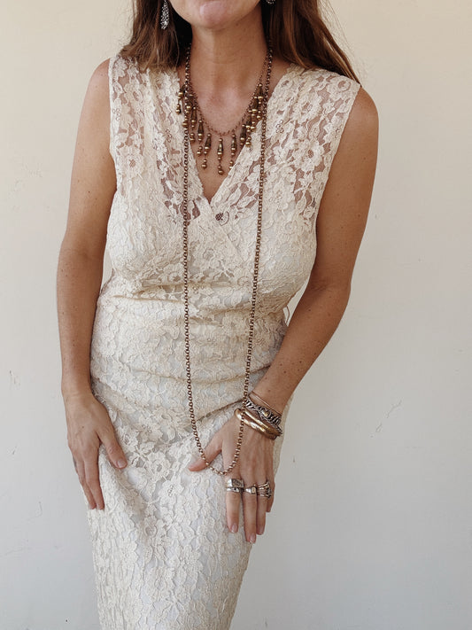 1930s Ivory Lace Gown w/ Rayon Under Slip- M