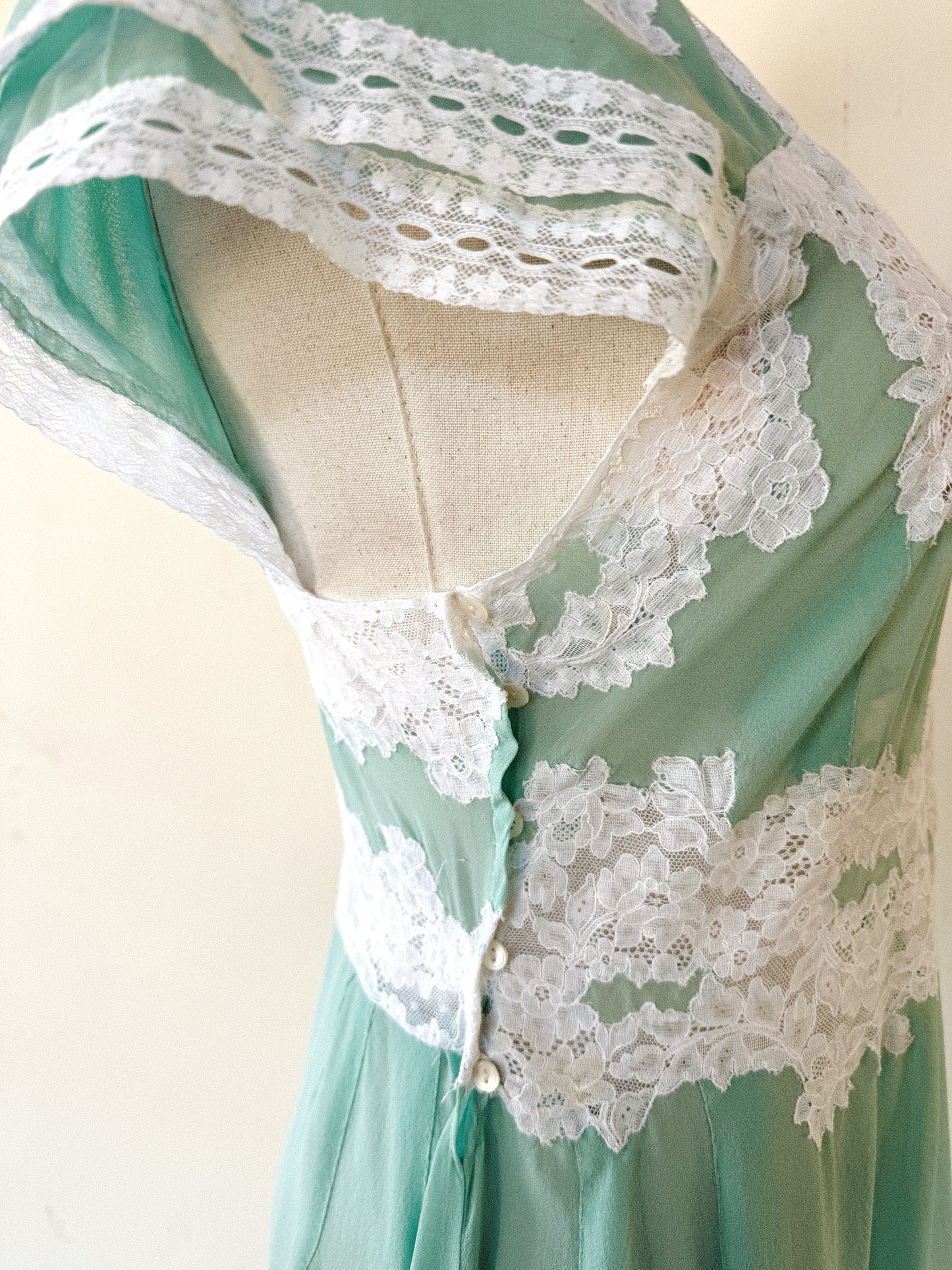 1930s Aquamarine Silk Chiffon + Lace Slip Dress- S-S/M