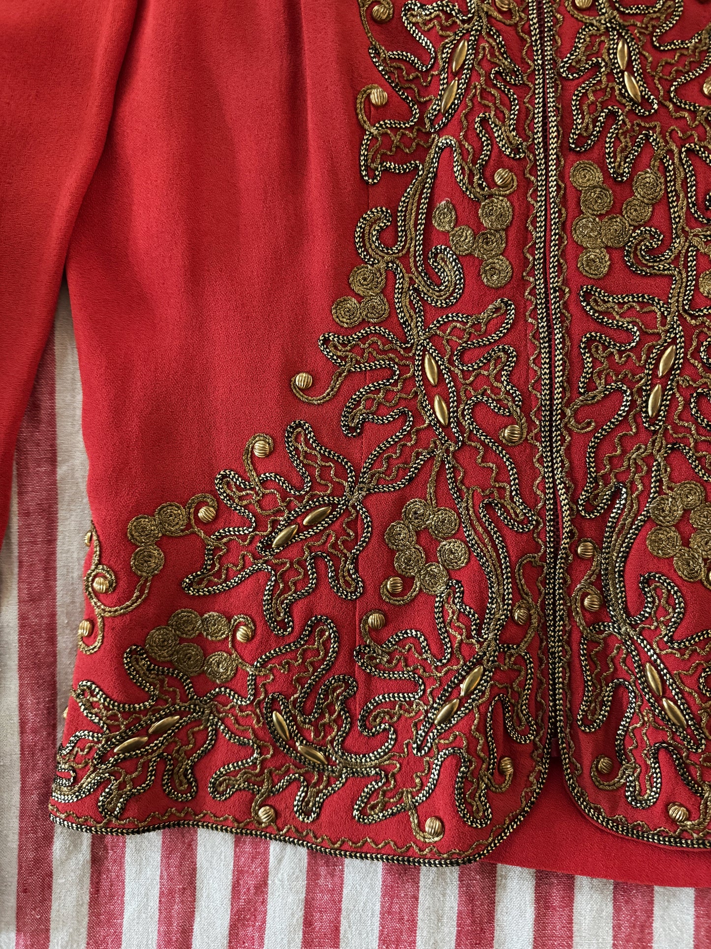 1930s Heavily Studded Muted Red Jacket w/ Gold Bullion- S/M-M