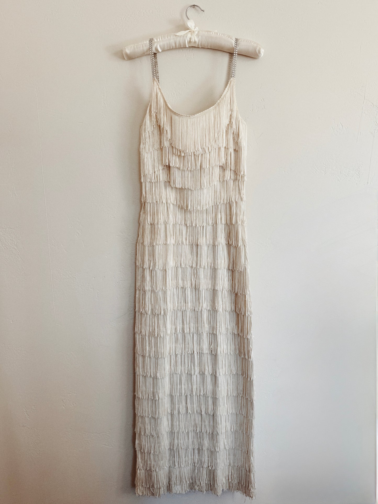 1950s White Tiered Fringe Hourglass Evening Gown- S