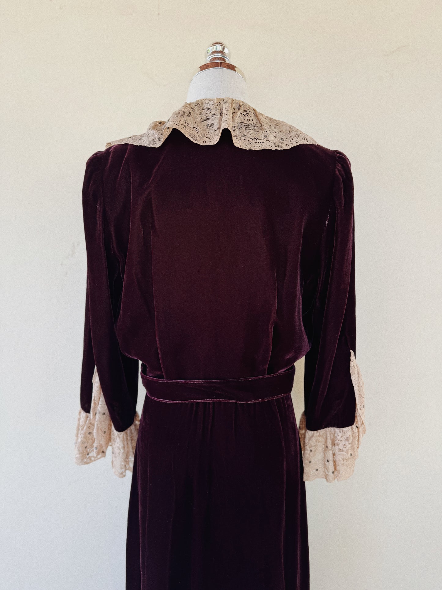 1930s/40s Aubergine Velvet + French Lace Dress w/ Rhinestones- S/M