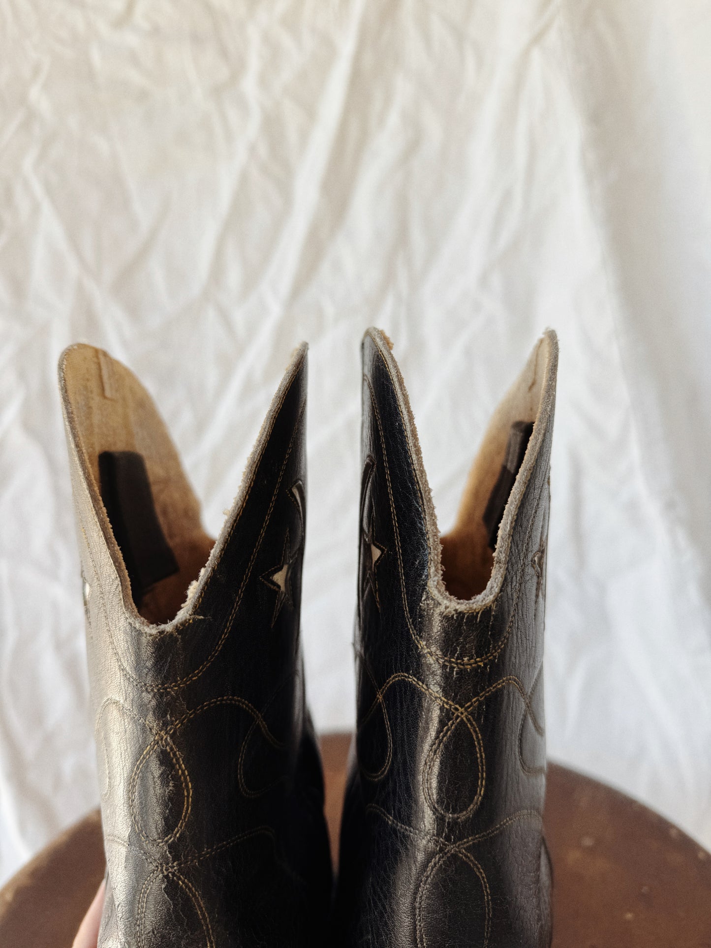 1940s/50s Black Pee Wee Cowboy Boots w/ Crescent Moon + Star Inlay- 9/9.5