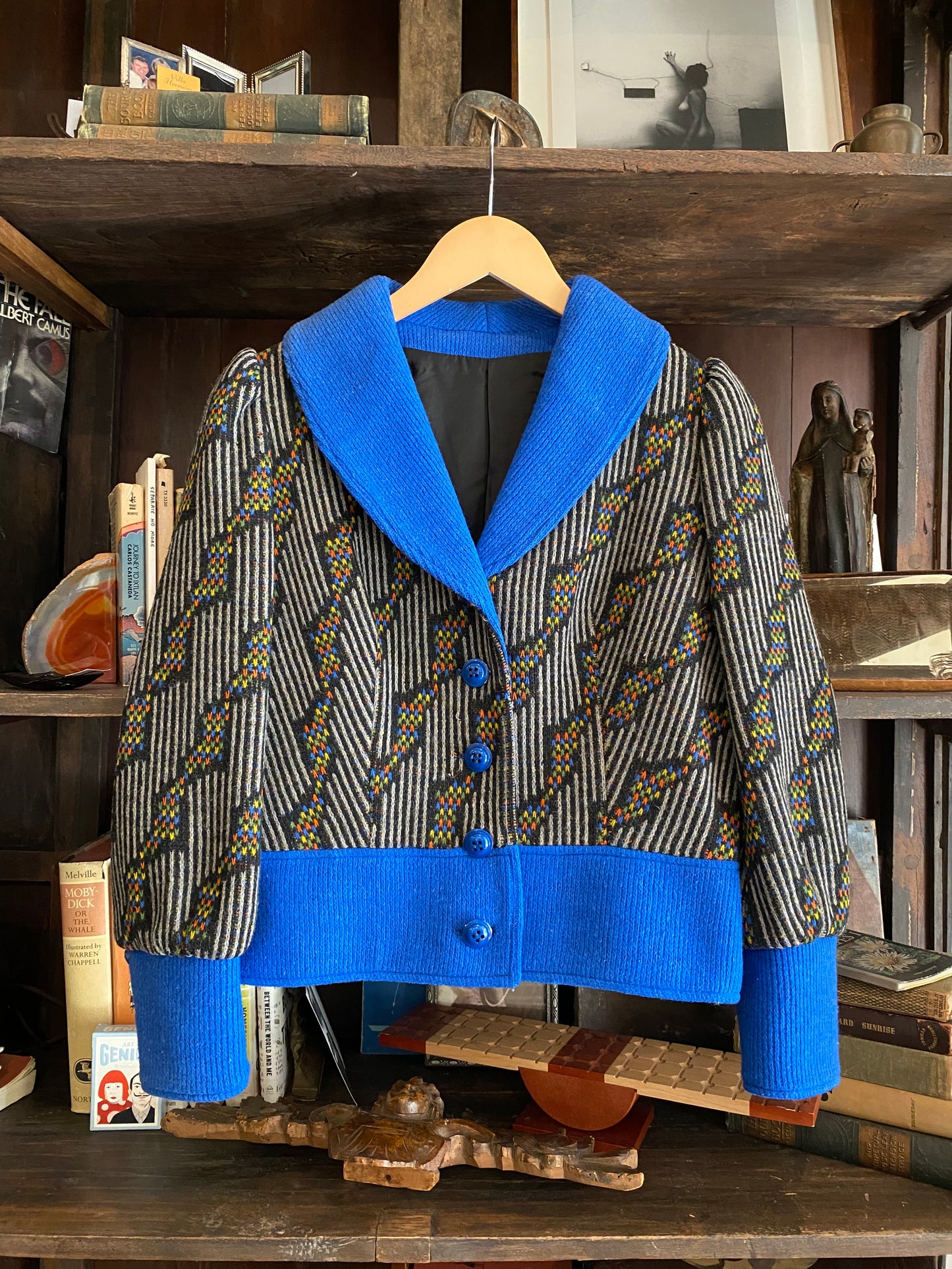 1970s does 30s Abstract Cropped Wool Jacket w/ Puffed Shoulders- S/M
