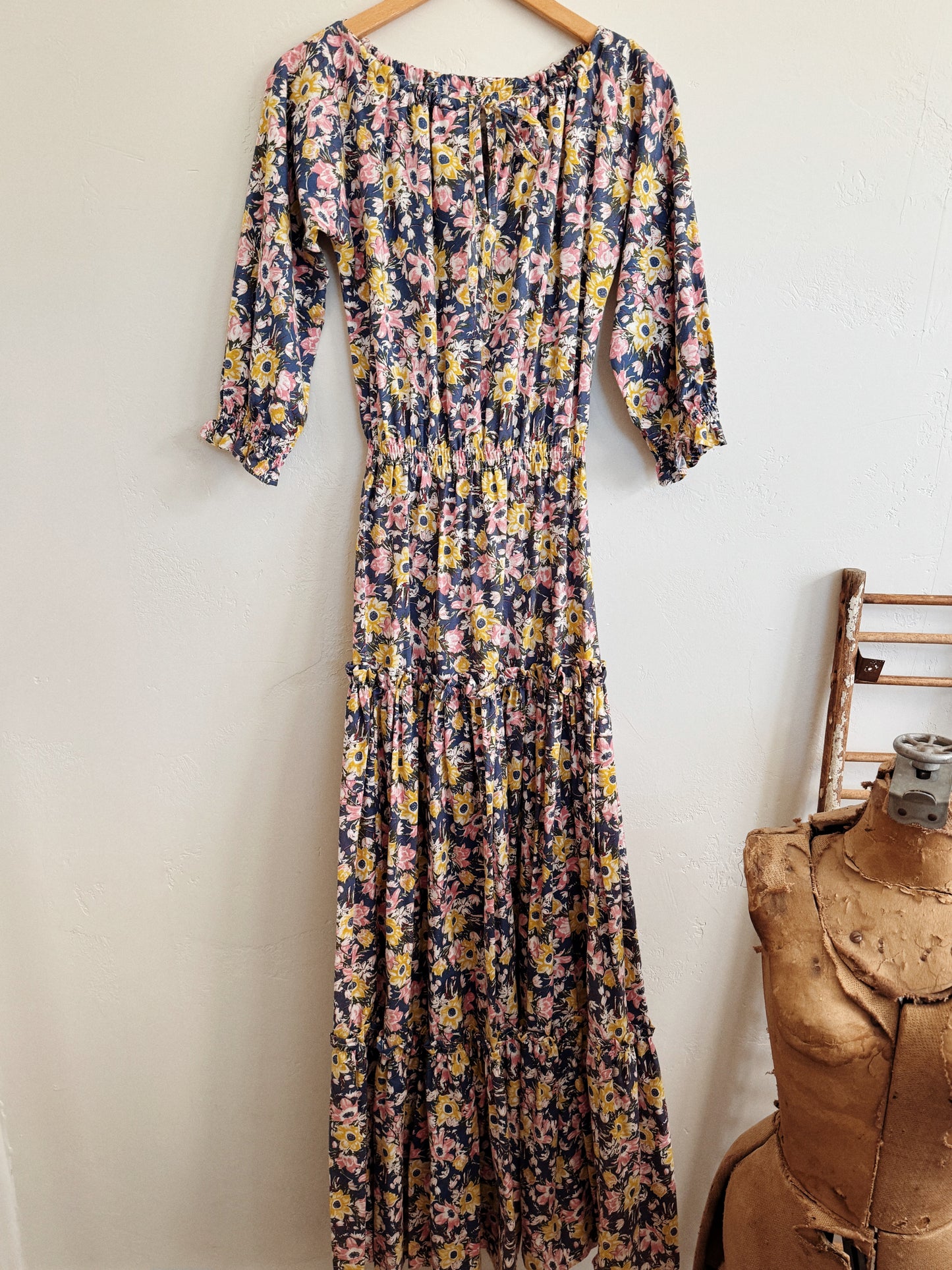 1970s Laura Ashley Rustic Blue Cotton Floral Dress- M/L