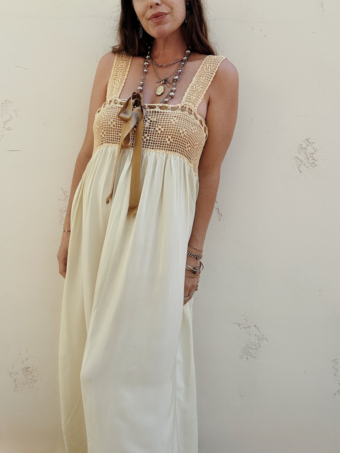 Antique Mint Green Silk Nightgown w/ Crocheted Yolk- S/M-M/L