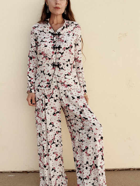 1940s Hawaiian Floral Cold Rayon Wide Leg Pant Set- S