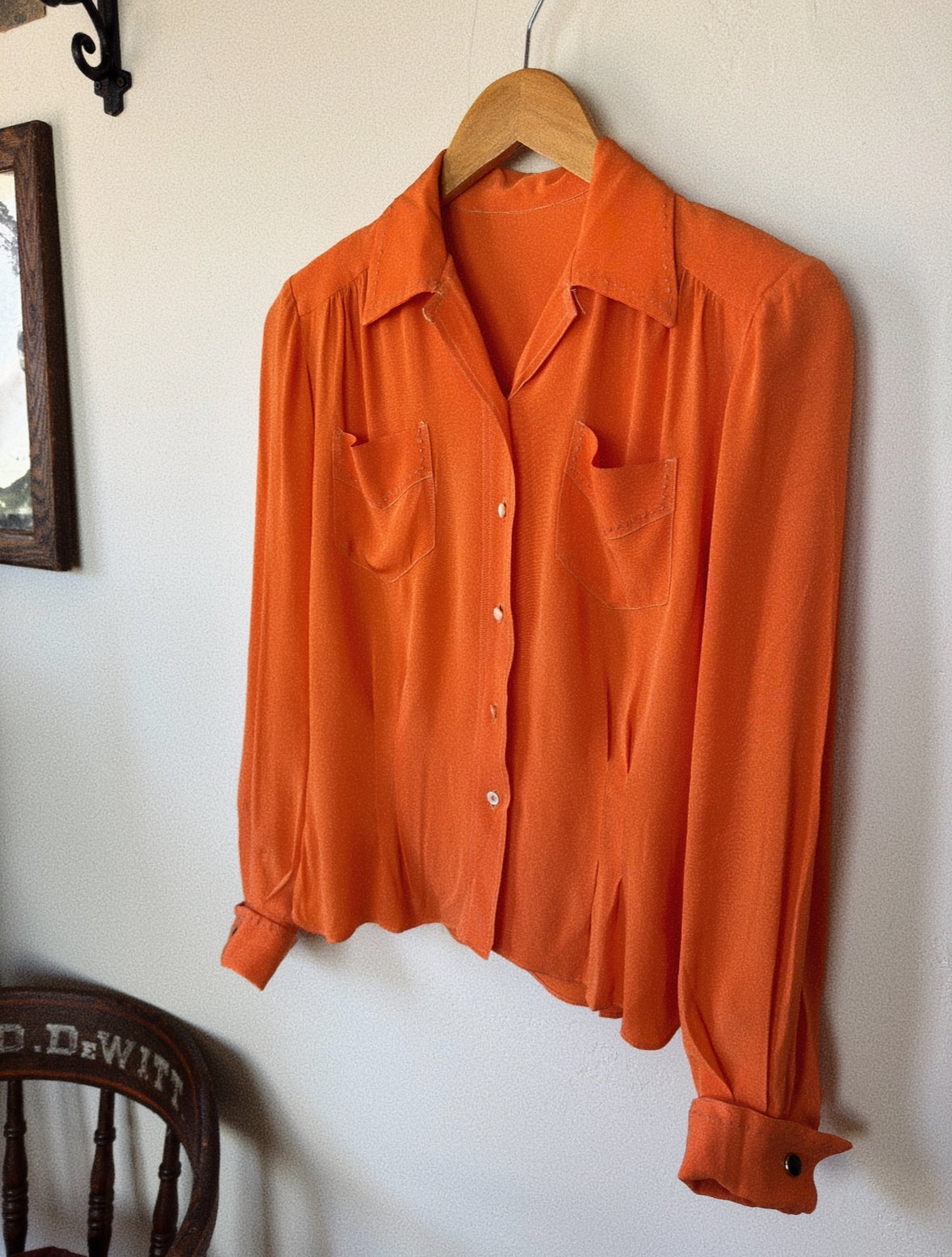1940s Orange Sorbet Silk Crepe Blouse w/ Monochrome Stitching- S/M