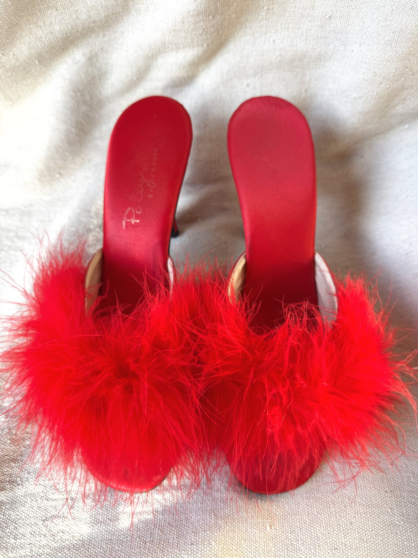 1950s Fire Red Marabou Feather Boudoir Satin Heels- 8