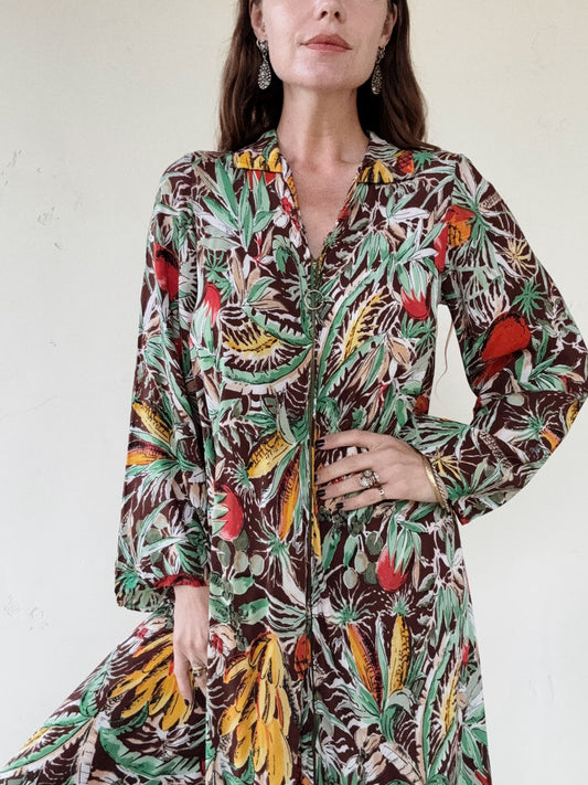 1940s Fruit Print Crepe Kaftan Dress- S/M