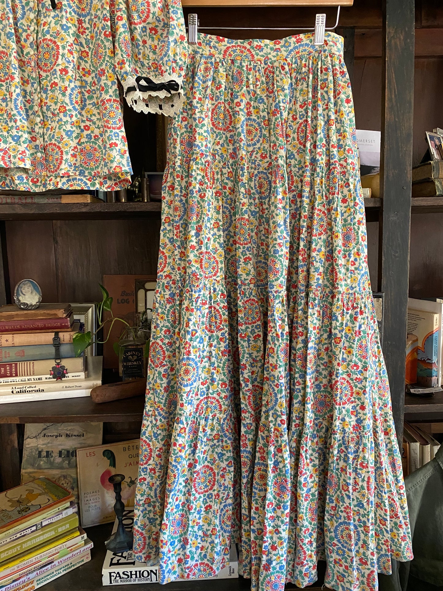 1930s Multi Colored Cotton Floral Puffed Sleeve Maxi Skirt Set- S/M