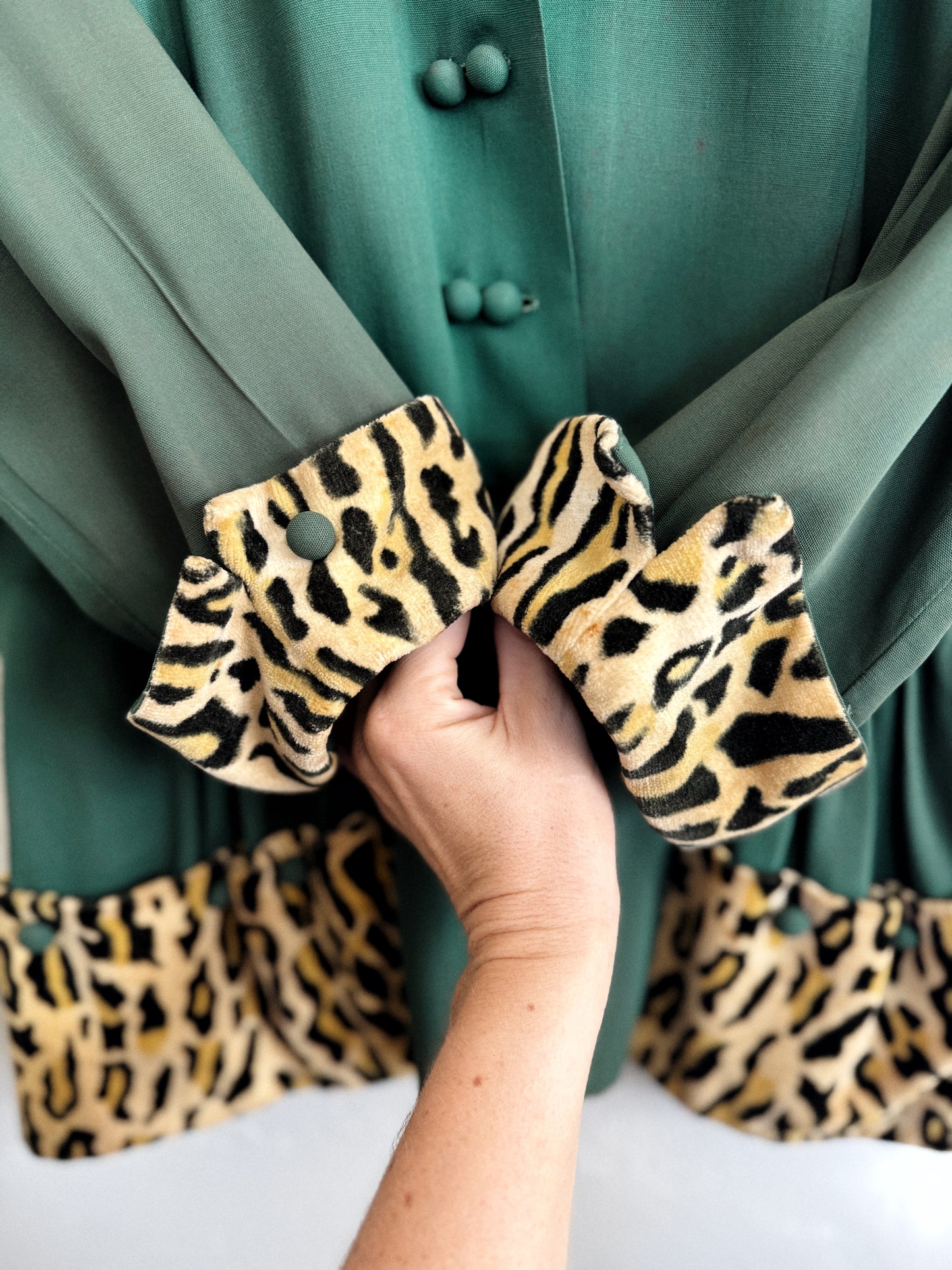 1940s Emerald Rayon + Leopard Jacket w/ Peplum- M