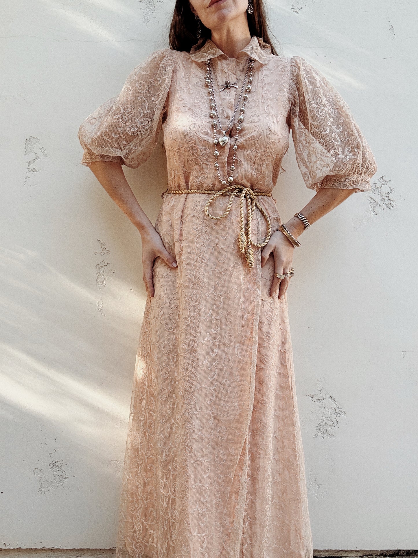 1930s Champagne + Pink Lace Dress w/ Puffed Shoulders- S/M-M