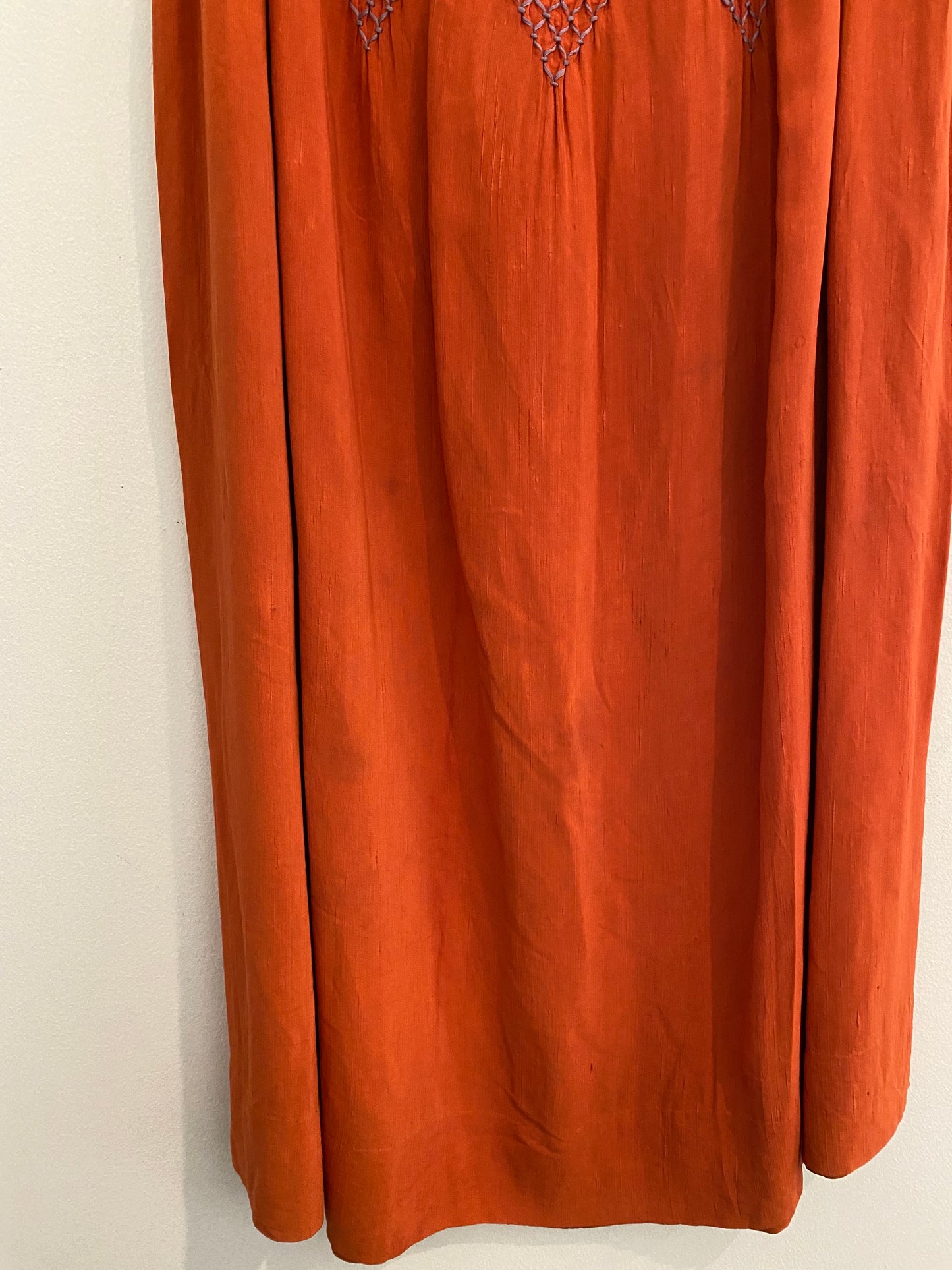 1940s Linen Smocked Orange Folk Skirt- 34” Waist
