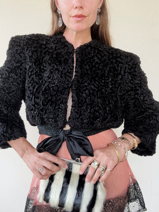 1940s Black Curly Lamb Cropped Jacket w/ Strong Shoulder- M-M/L