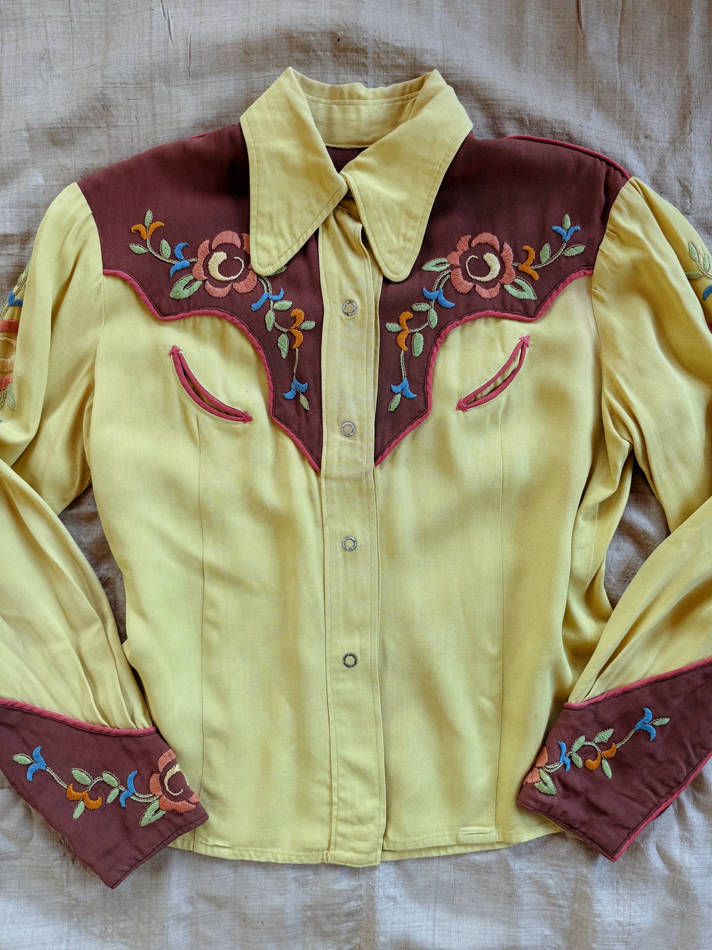 1940s Chartreuse Floral Gabardine Western Blouse- S/M