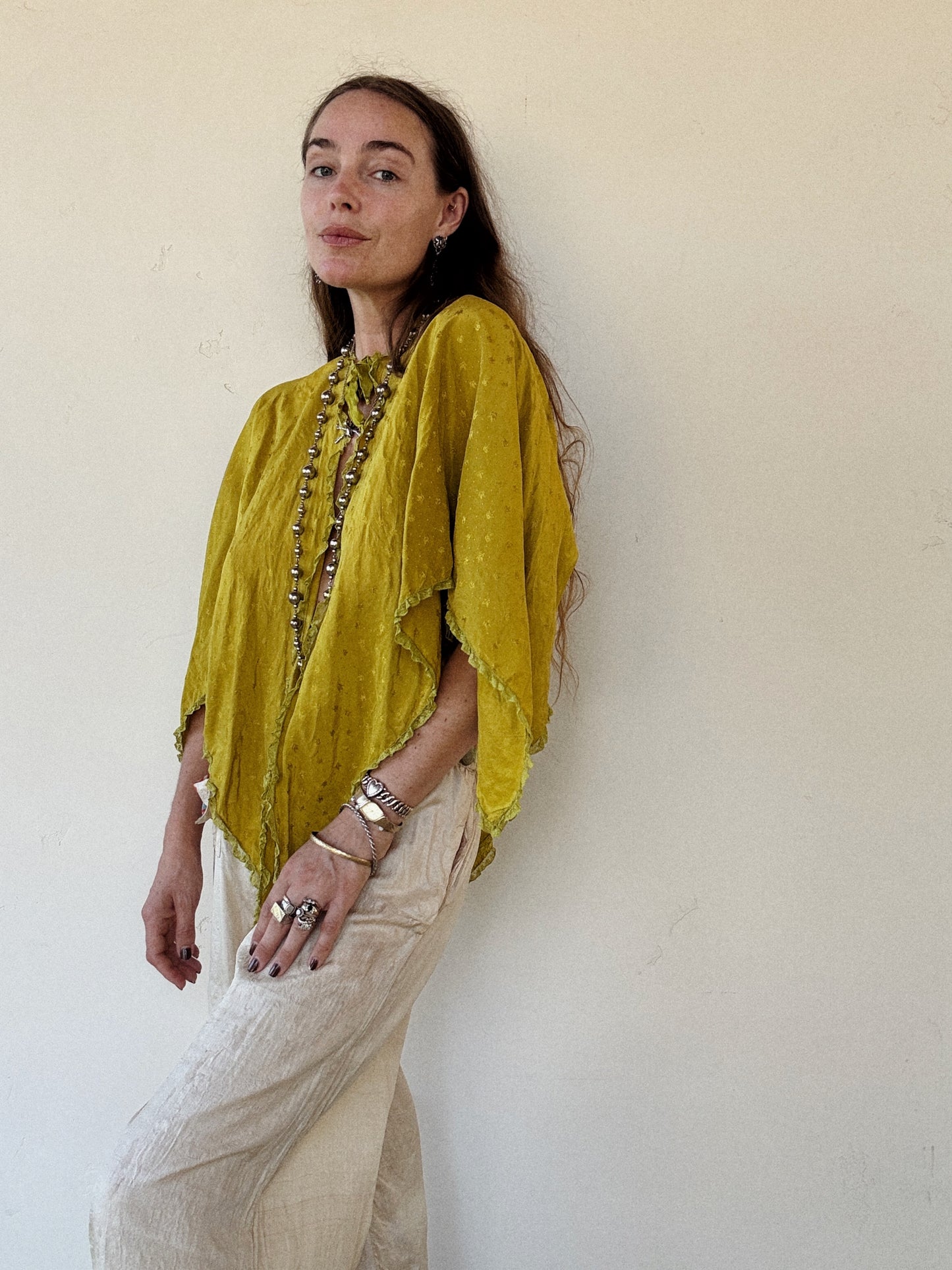 1930s Olive Silk Handkerchief Bed Jacket- S-M