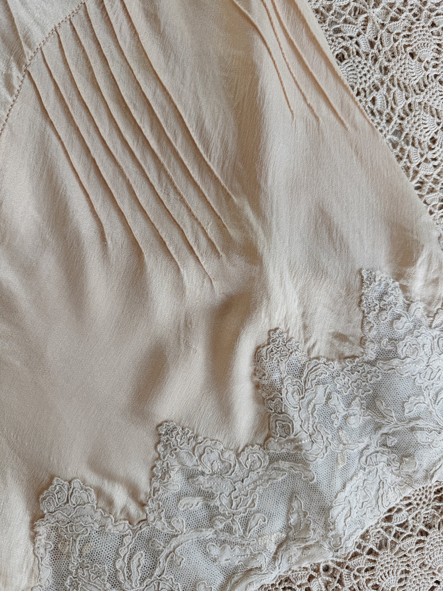 1930s Ivory Charmeuse Silk + French Lace Hand Sewn Step In- XS-S