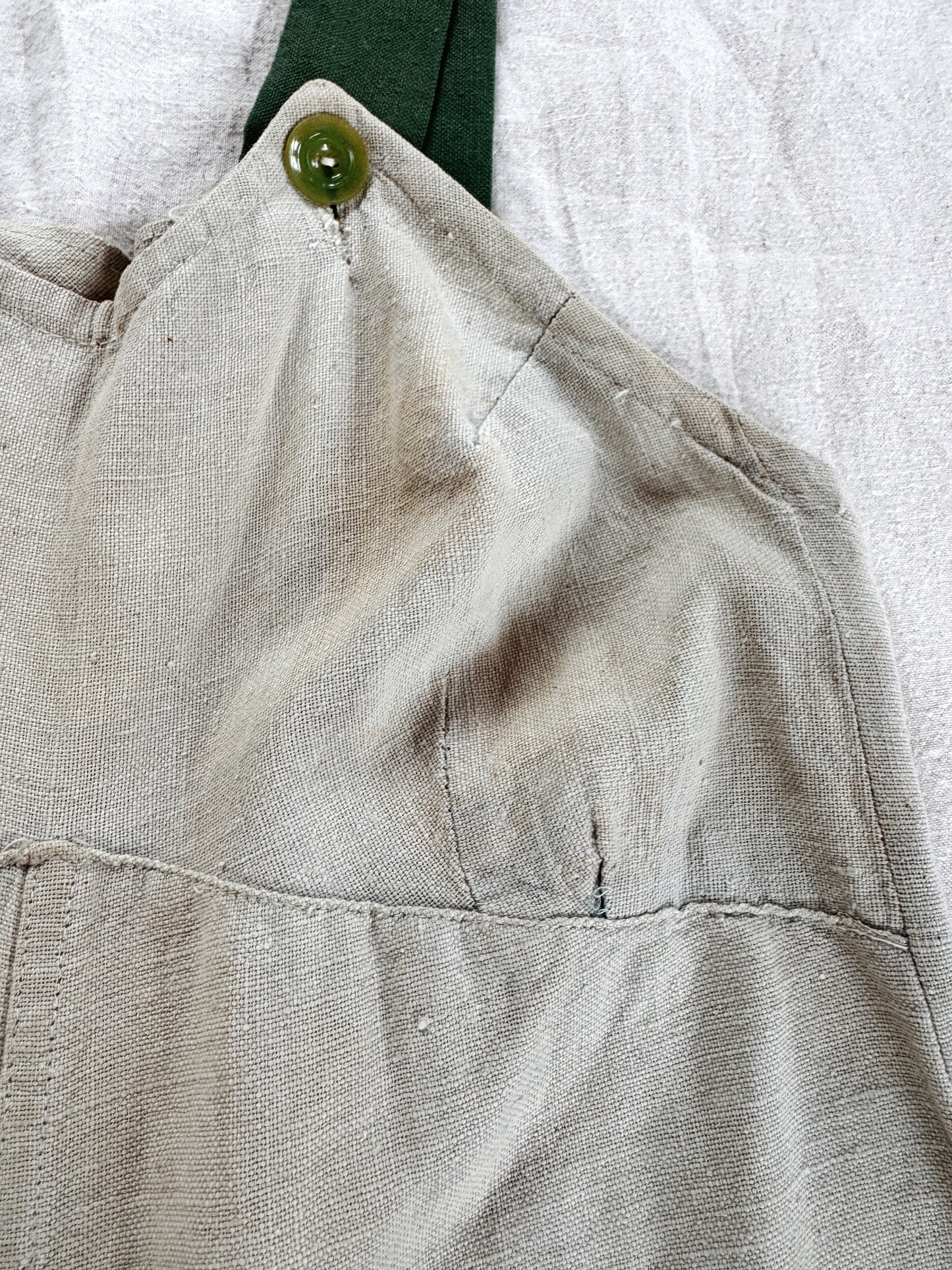 1930s Mint Green Linen Embroidered Vacation Overalls- S/M
