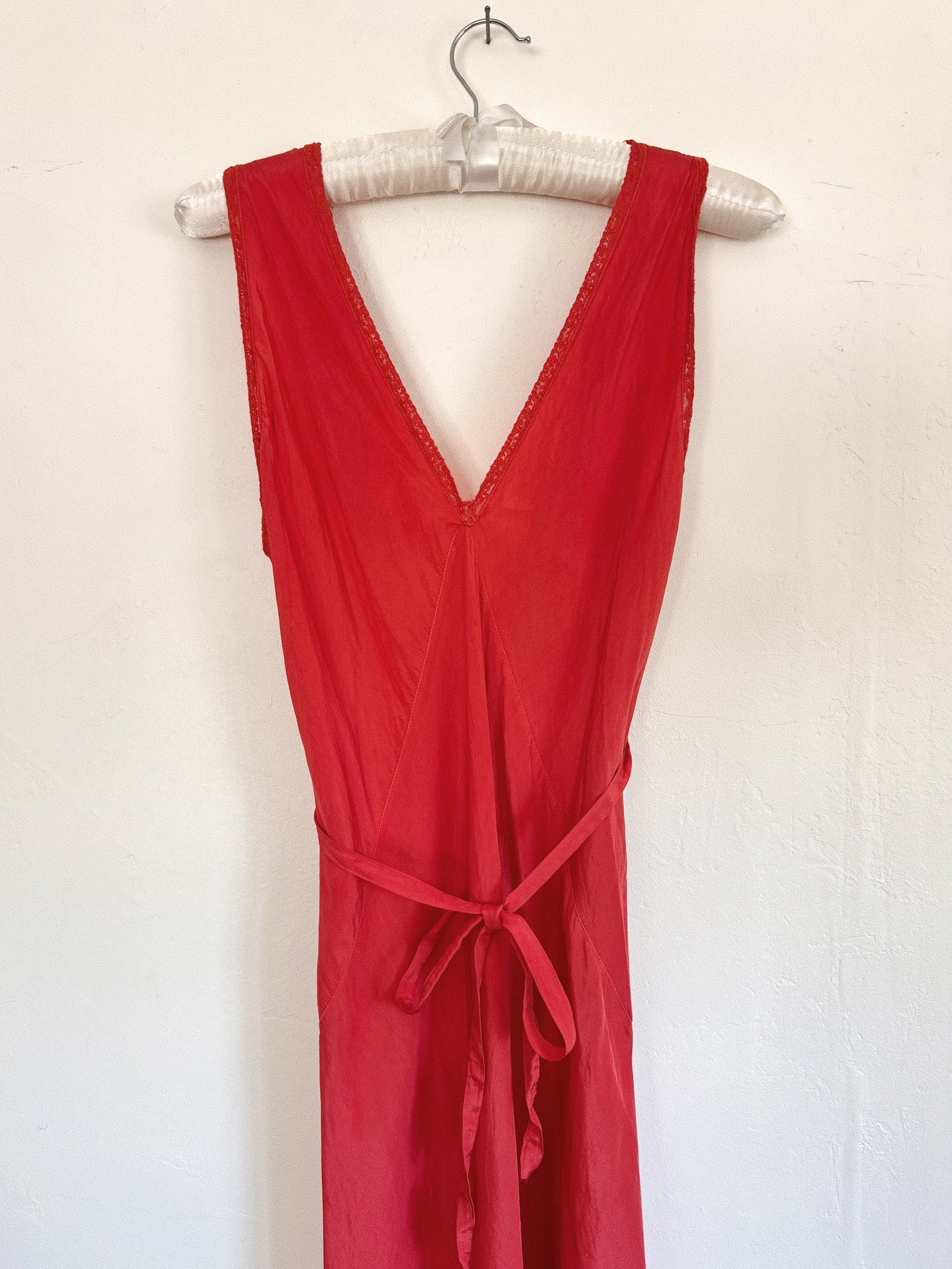 1930s Negroni Red Embellished Silk + Lace Slip Dress- S/M-M