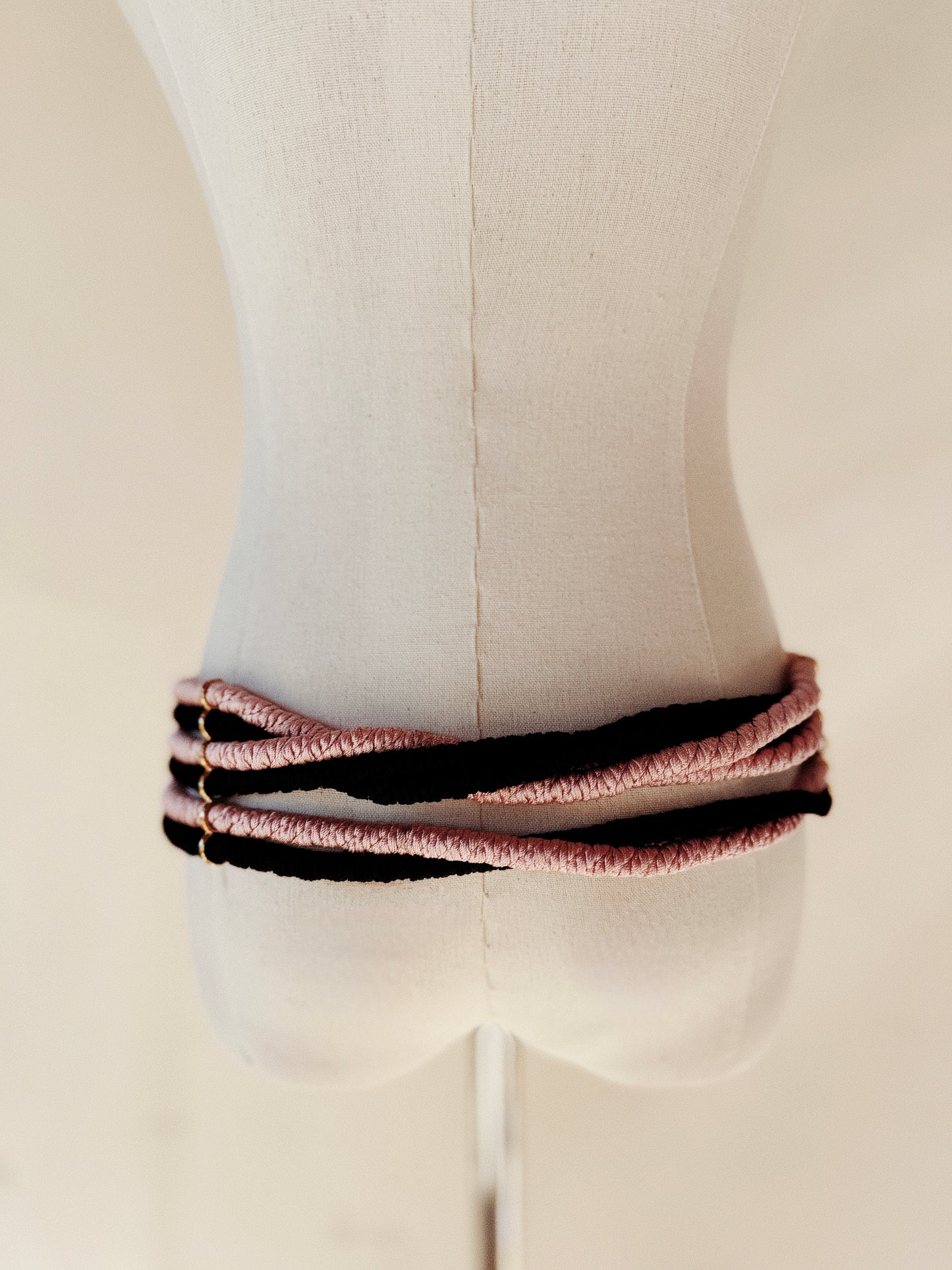 1980s YSL Pink + Black Corded Belt w/ Enamel Buckle- M/L
