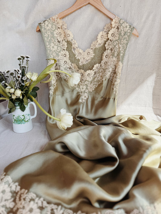 1930s Sage Charmeuse Silk Slip Dress w/ Ecru Lace Trim- S/M