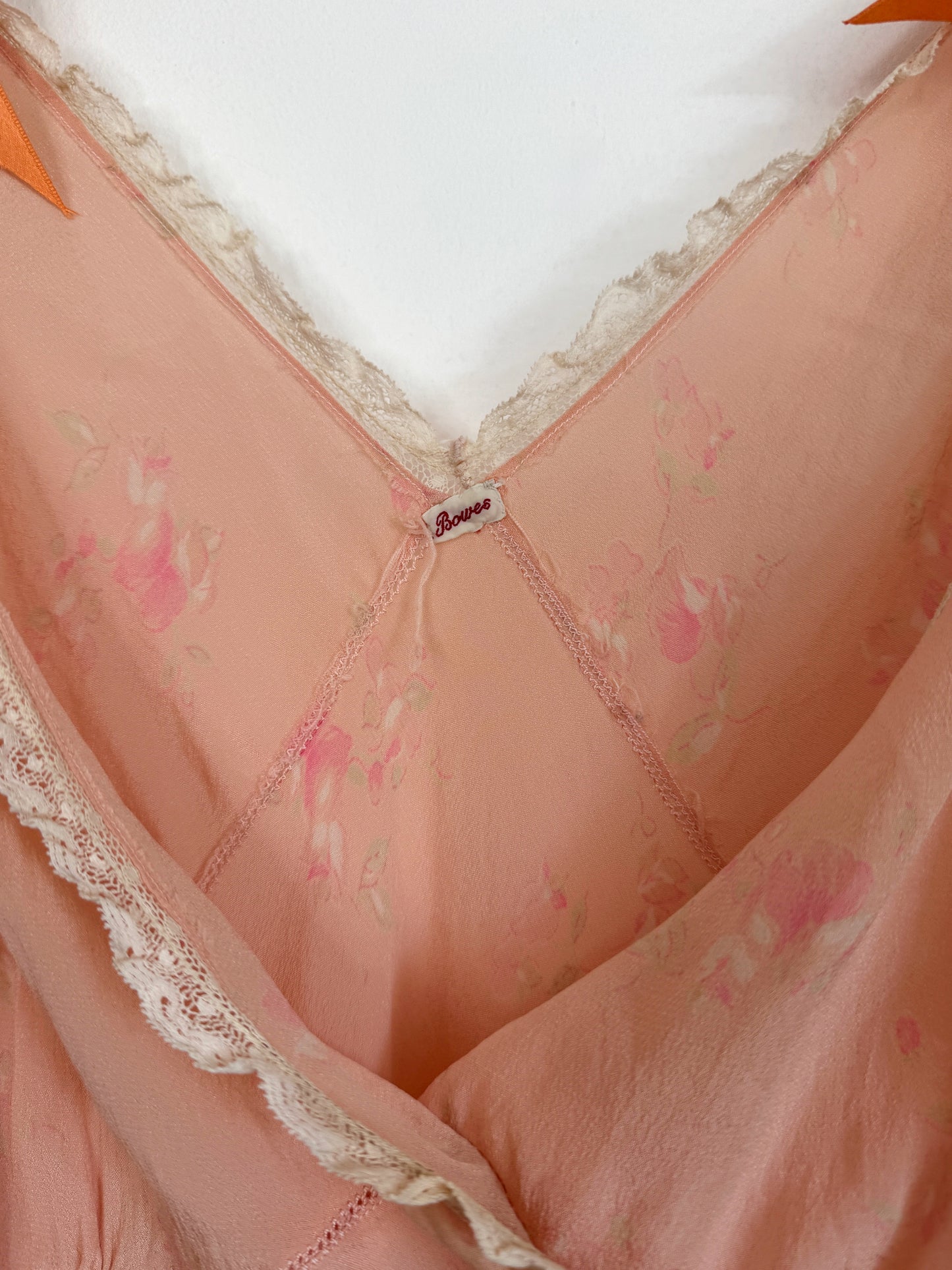 1930s Pink Floral Silk Slip Dress w/ Salmon Bow Straps- S/M-M