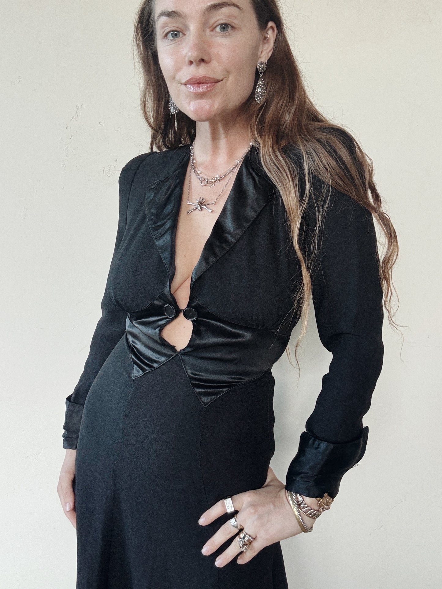 1970s Ossie Clark Black Moss Crepe Dress- S