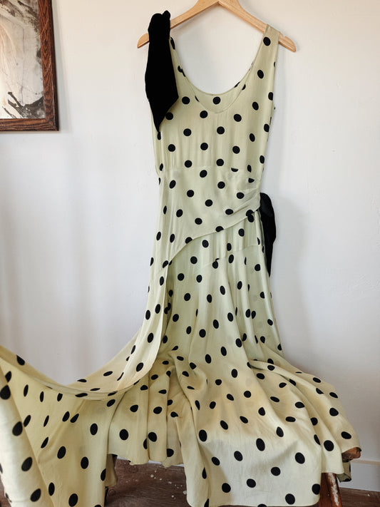 1930s Mint + Black Polka Dot Silk Draped Gown w/ Velvet Bows- S/M
