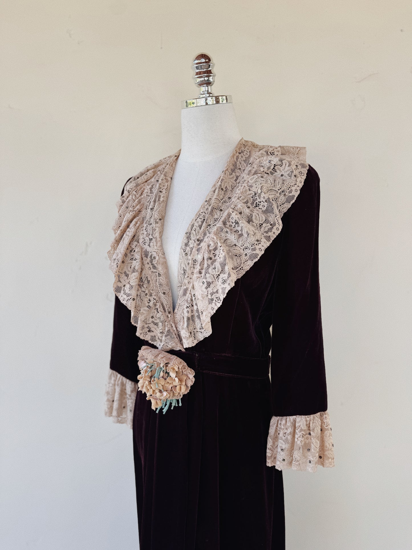 1930s/40s Aubergine Velvet + French Lace Dress w/ Rhinestones- S/M