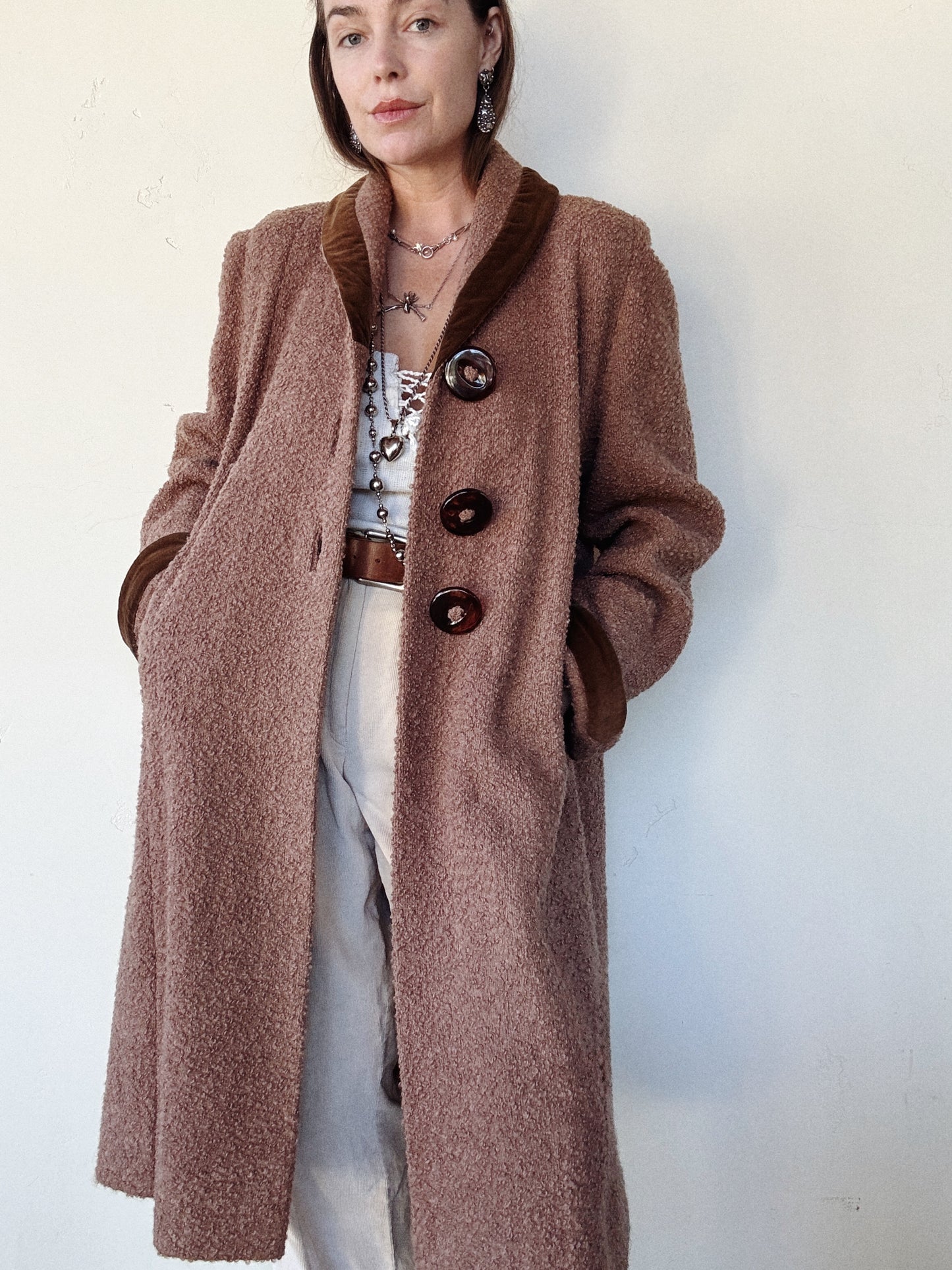 1940s/50s Mocha Bouclé Knit Coat w/ Oversized Buttons- S/M-M