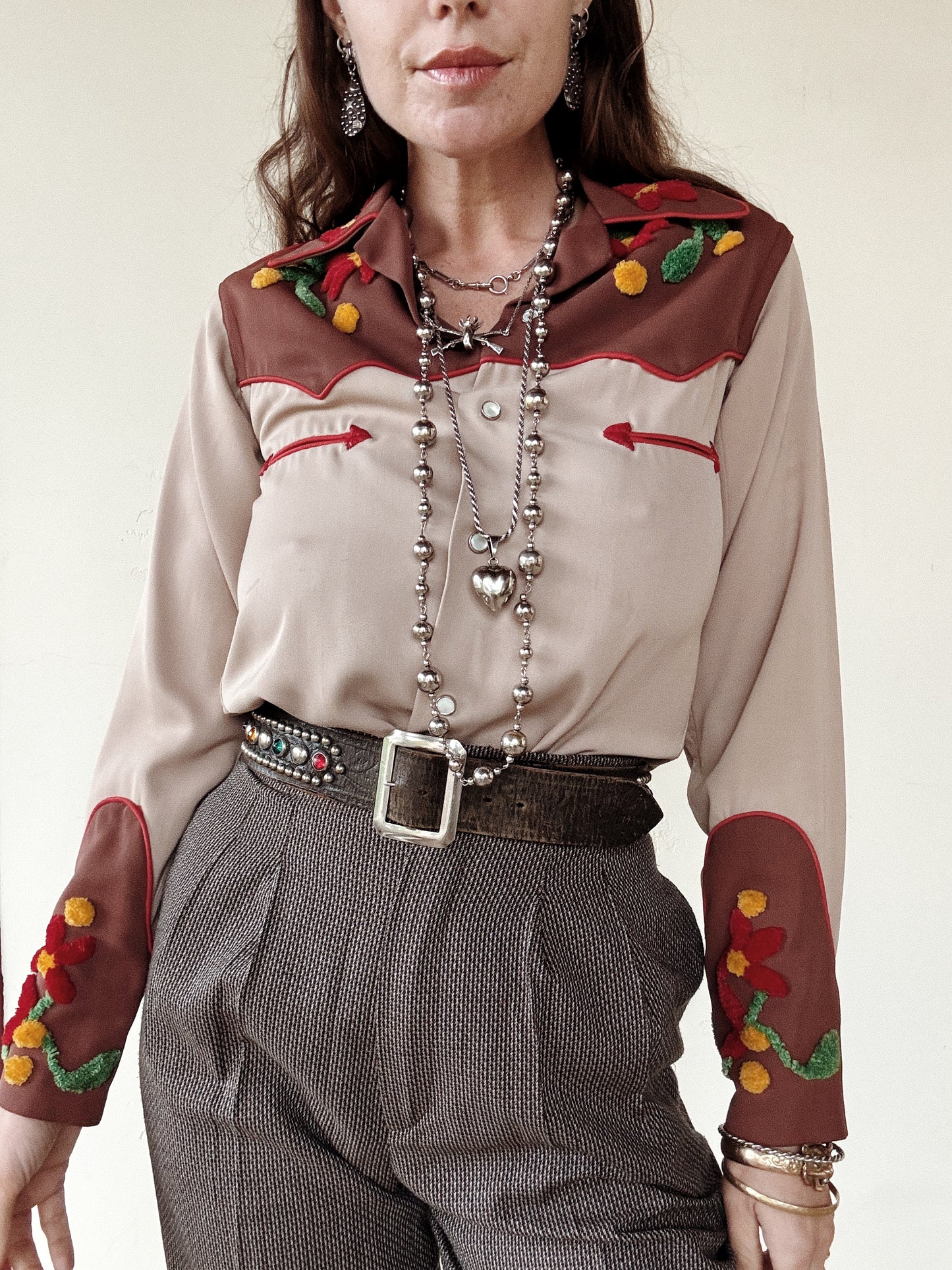 1940s/50s Gabardine Western Top w/ Chenille Floral Appliqué- S-S/M