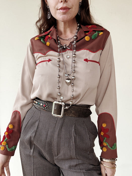 1940s/50s Gabardine Western Top w/ Chenille Floral Appliqué- S-S/M
