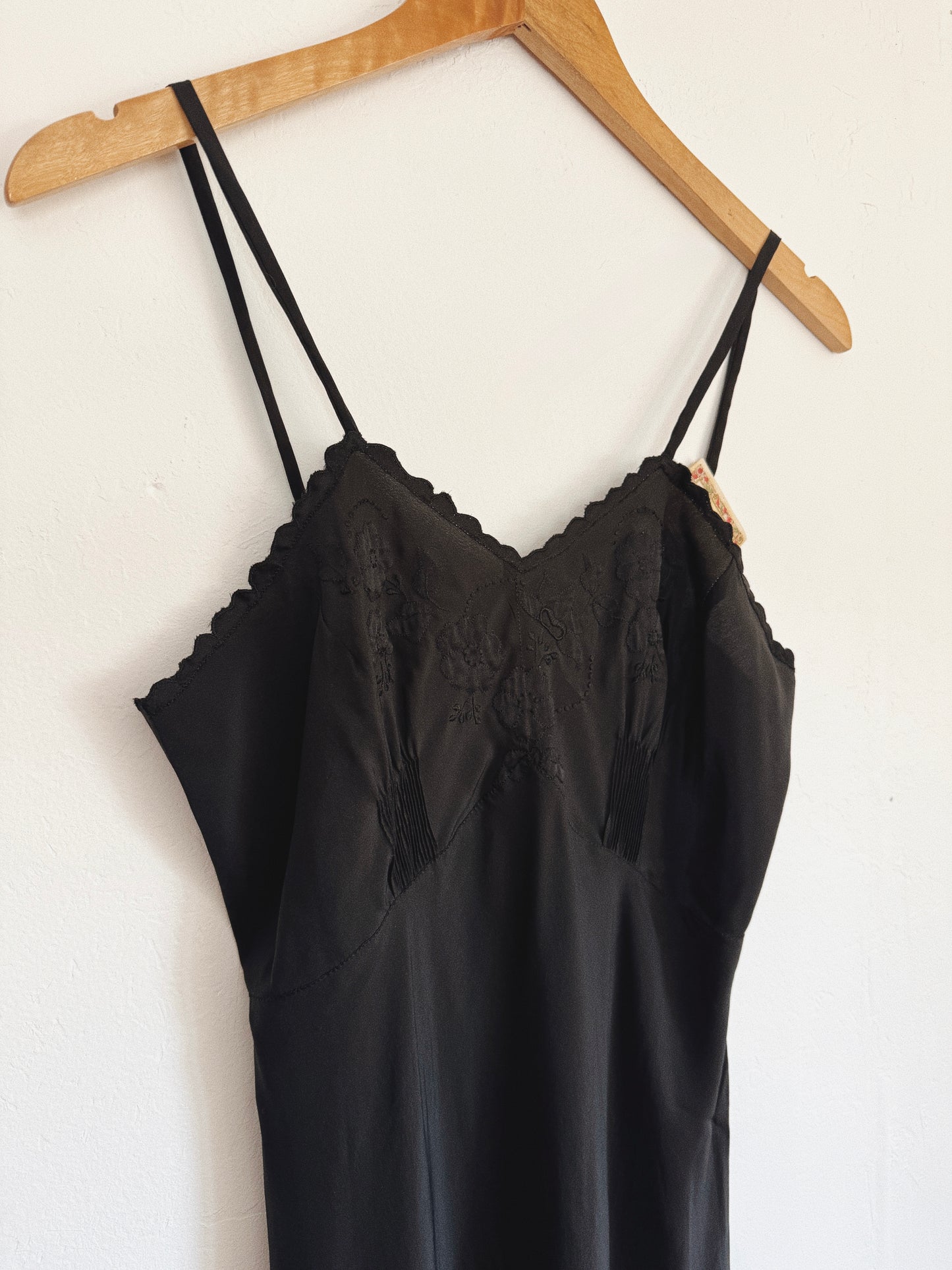 1930s/40s Italian Black Silk Slip Dress w/ Floral Embroidery- S-S/M