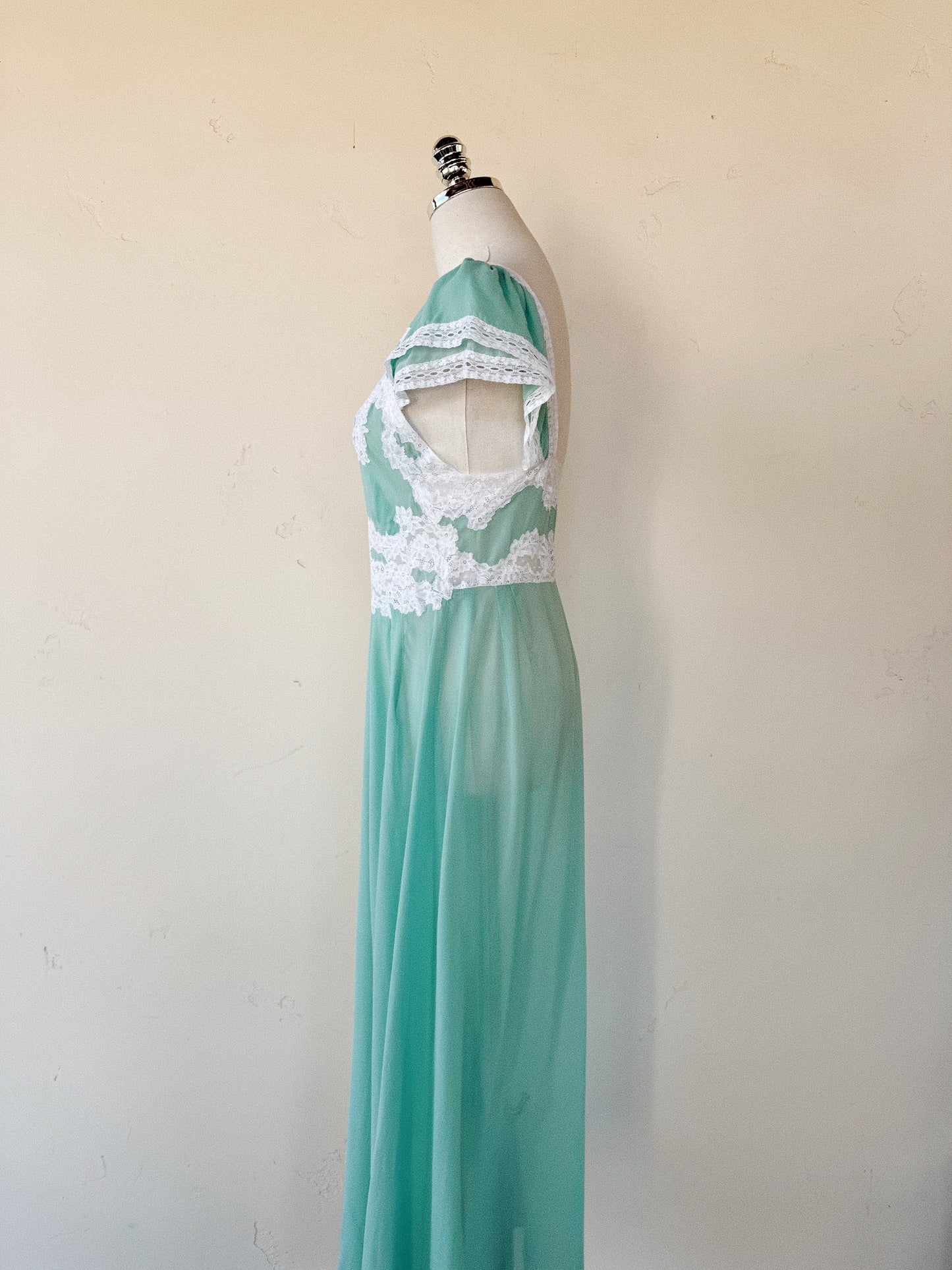 1930s Aquamarine Silk Chiffon + Lace Slip Dress- S-S/M