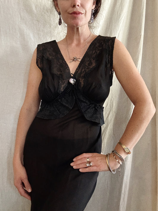 1940s Black Lace Slip w/ Lavender Rosettes- S/M