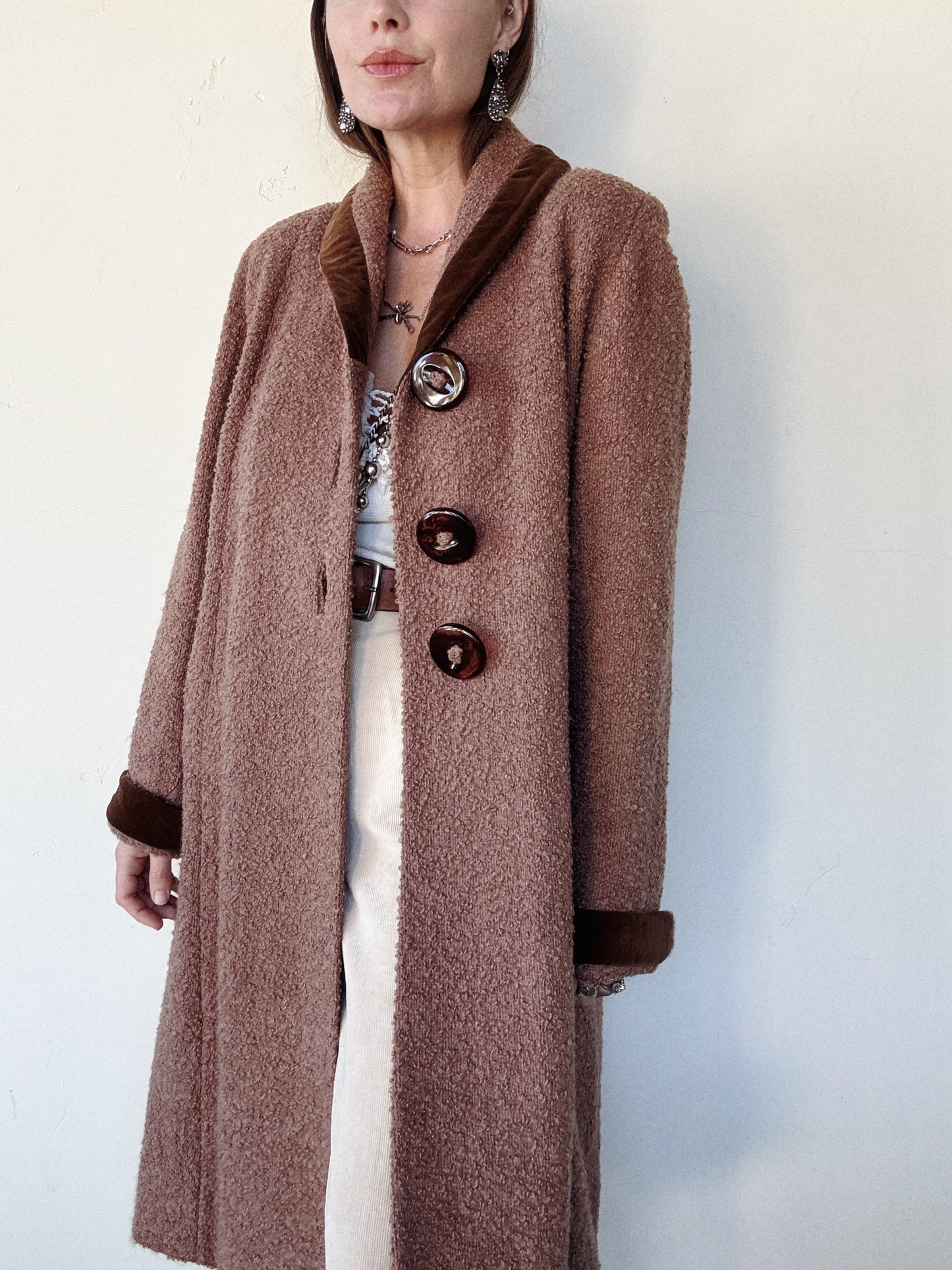 1940s/50s Mocha Bouclé Knit Coat w/ Oversized Buttons- S/M-M