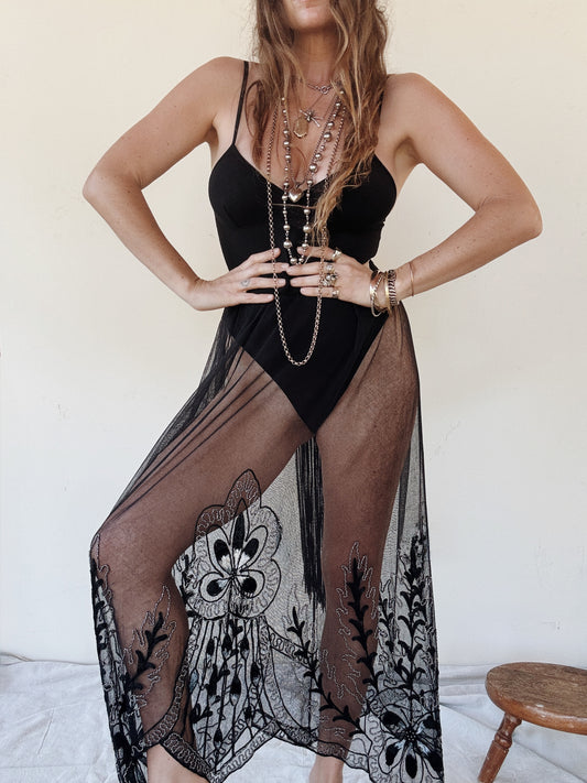 1920s Heavily Beaded Net Petal Fringe Skirt w/ Ombré Silk Embroidery- S/M