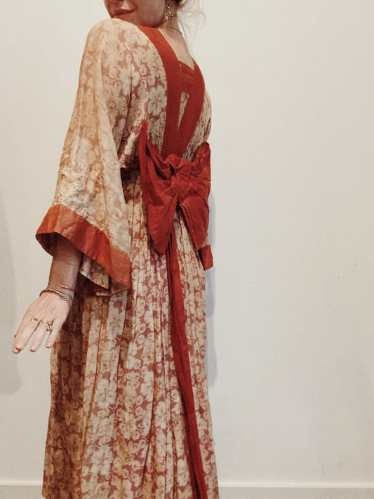 1910s Edwardian Rose Floral Cotton Dress w/ Large Bow- XS/S