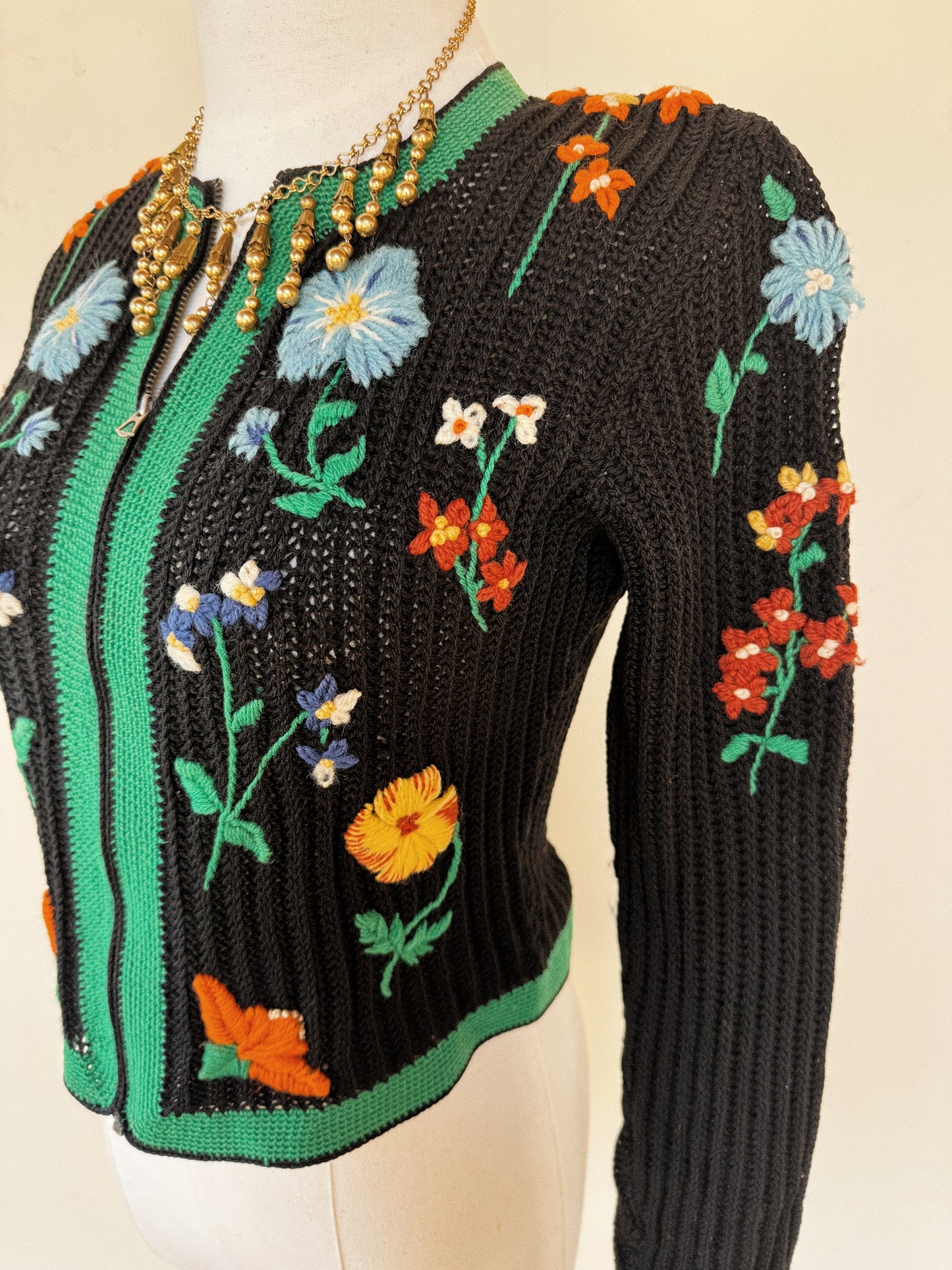 1930s Rare Embroidered Cropped Knit Cardigan w/ Bell Zipper Front- S/M-M