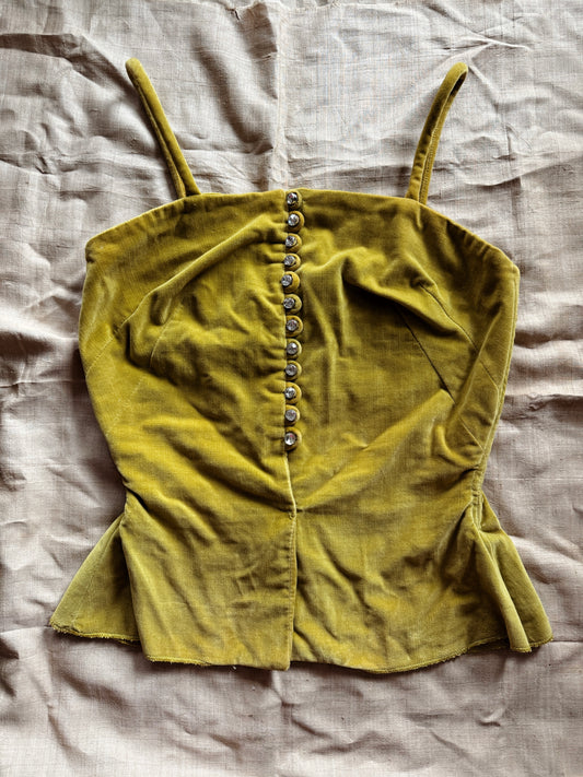 1950s Chartreuse Velveteen Rhinestone Bustier Top- XS/S