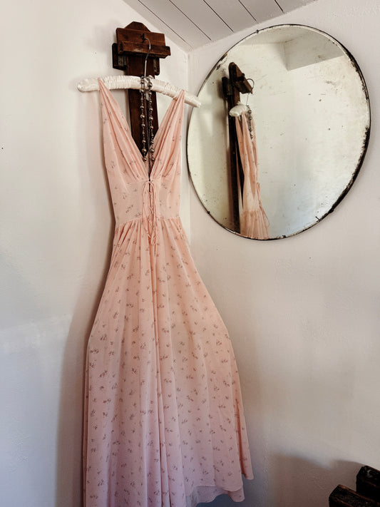 1930s Exquisite Corset Silk Crepe Slip Dress w/ Rose Print- XS-S